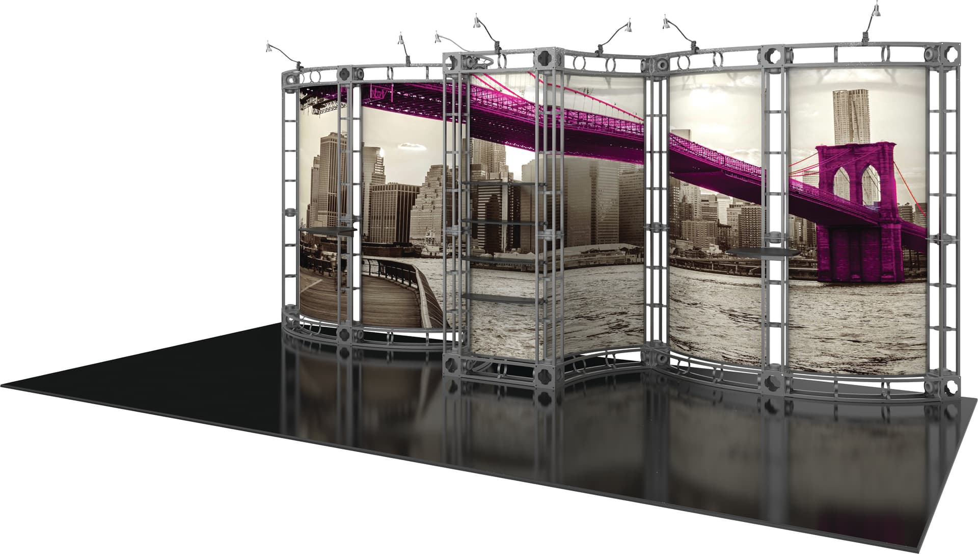 Portable trade show display truss system with 4 black adjustable shelves