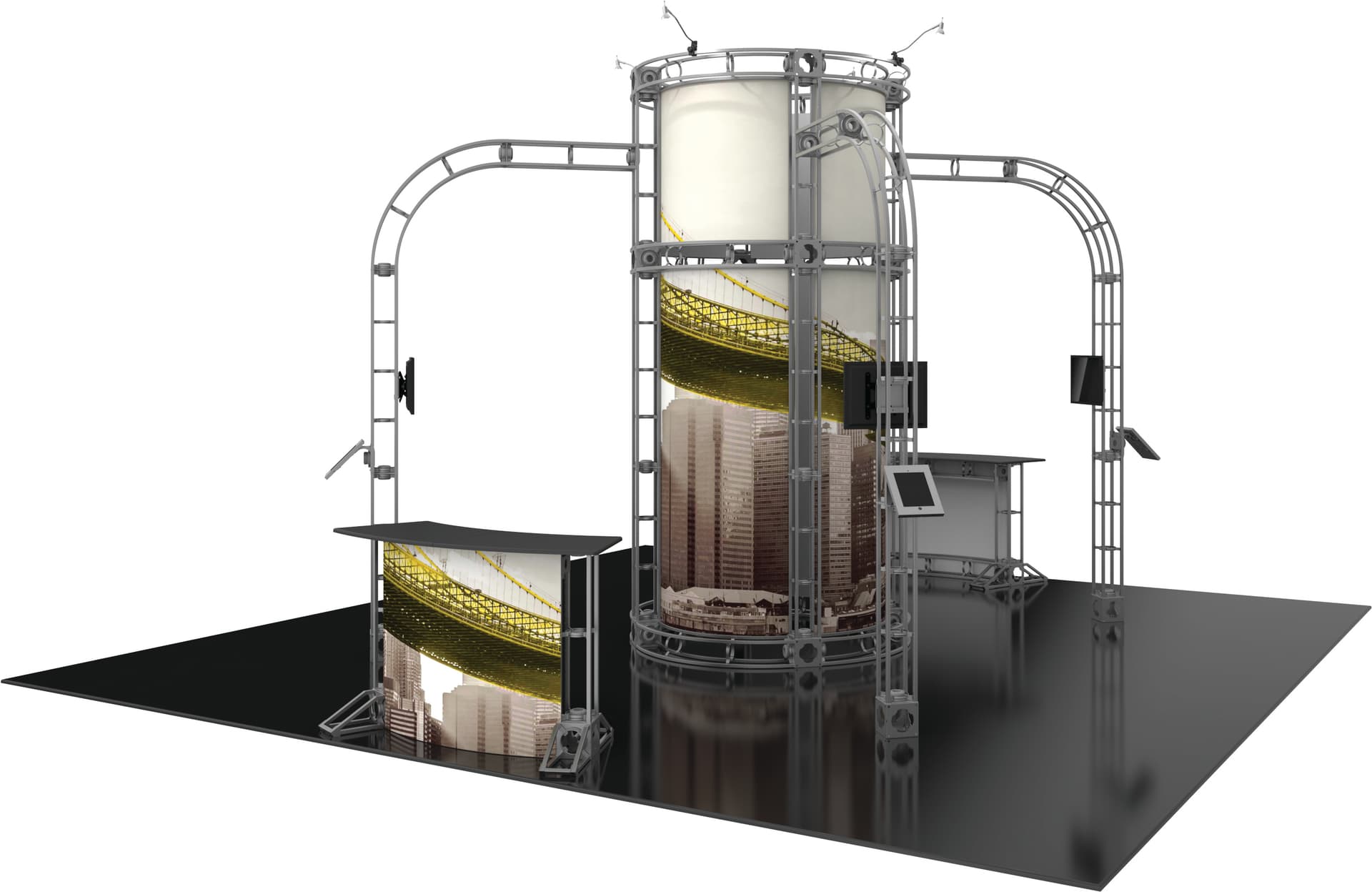 Portable truss trade show exhibit booth with 2 SEG graphic counters