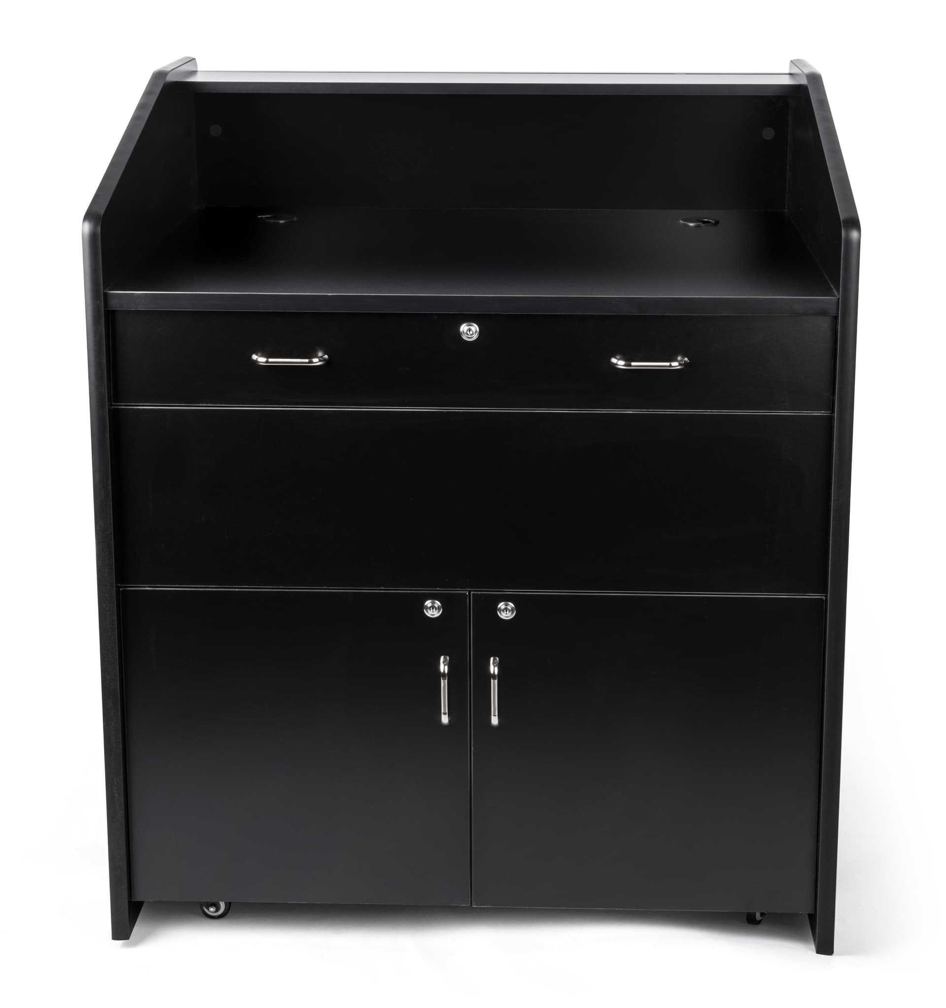 Wide rolling podium with cabinet and large reading surface