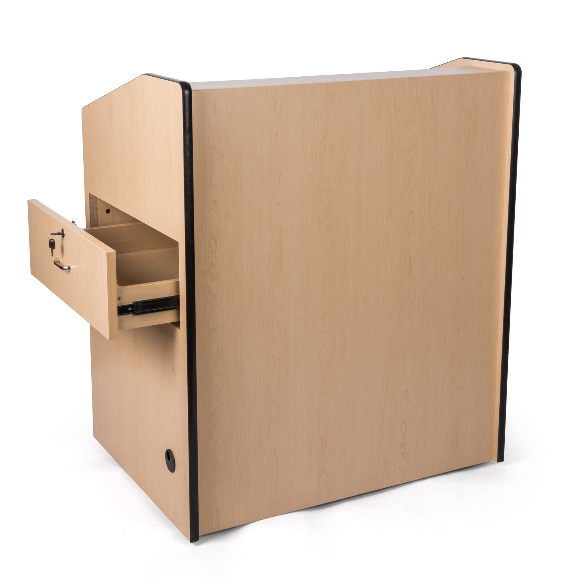 Rolling multimedia podium with locking storage