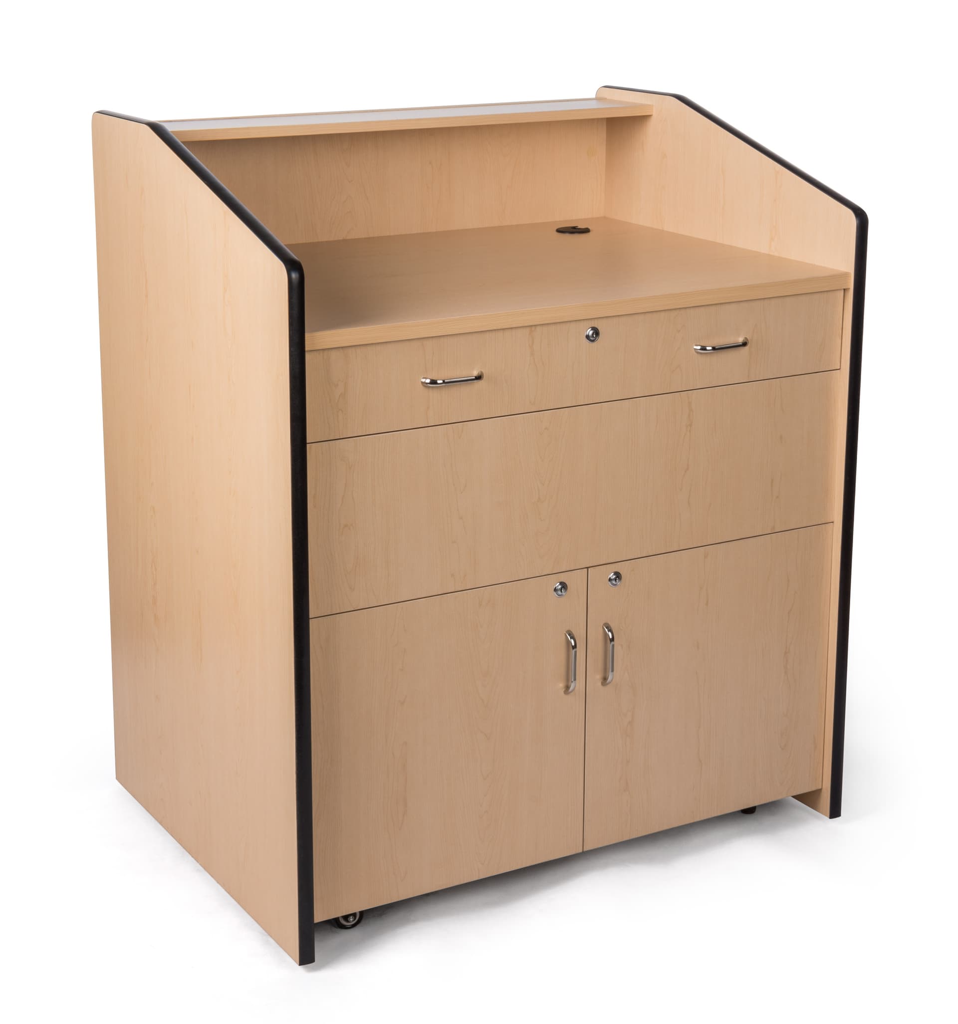 Multimedia podium with locking storage and cable management