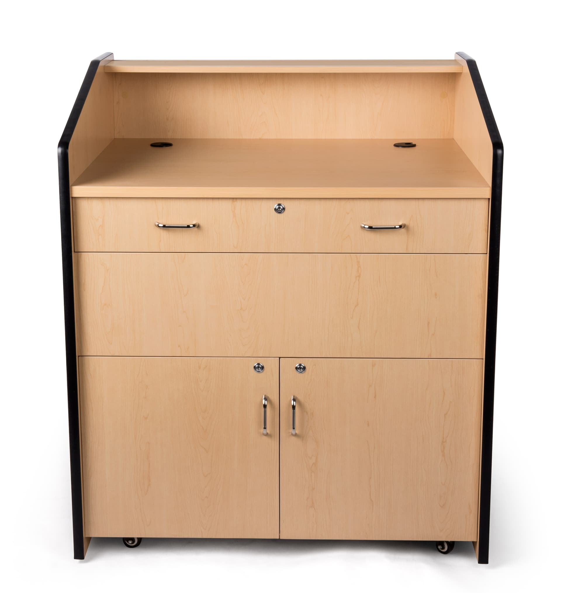 Multimedia podium with locking storage and wide surface area