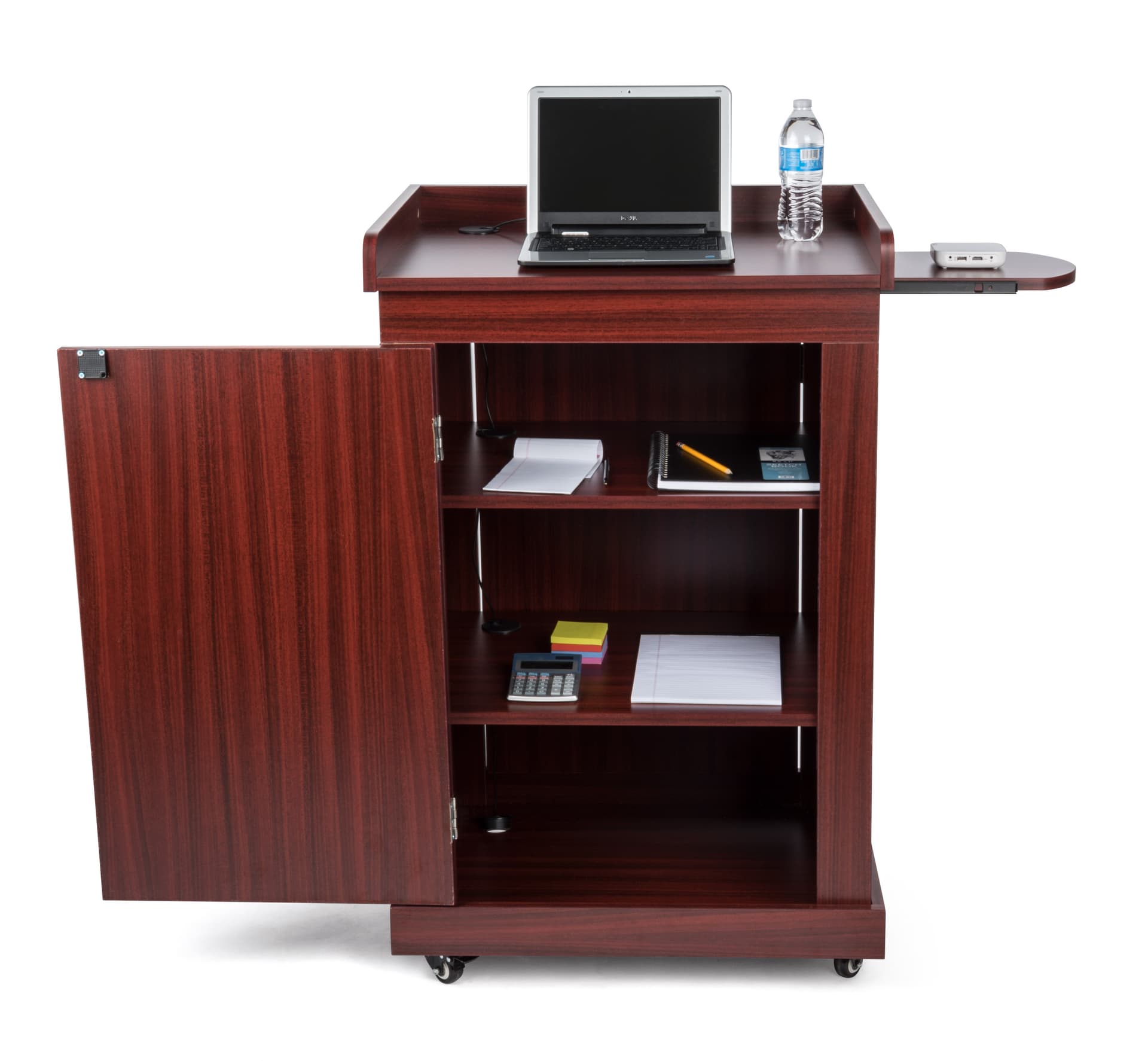 Lecture podium with cabinet and adjustable shelves