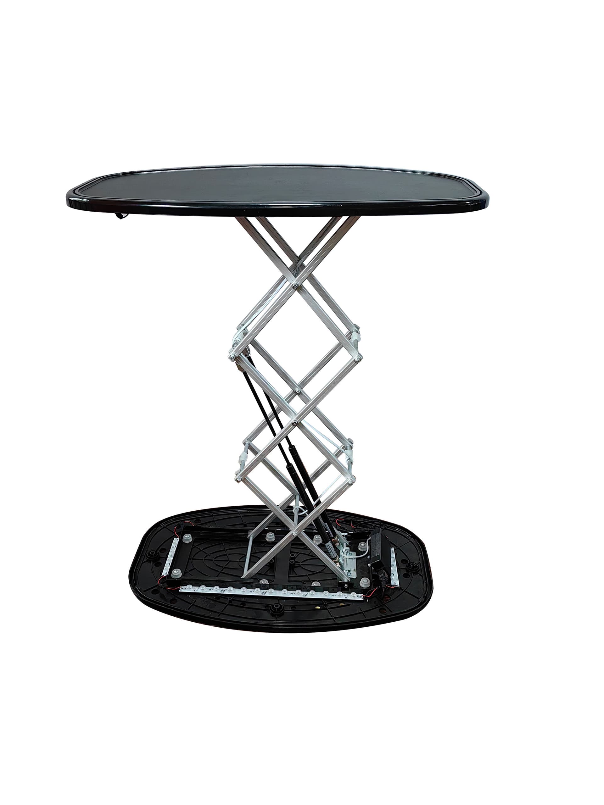 Illuminated pop-up trade show counter hardware with hydraulic pop system up  
