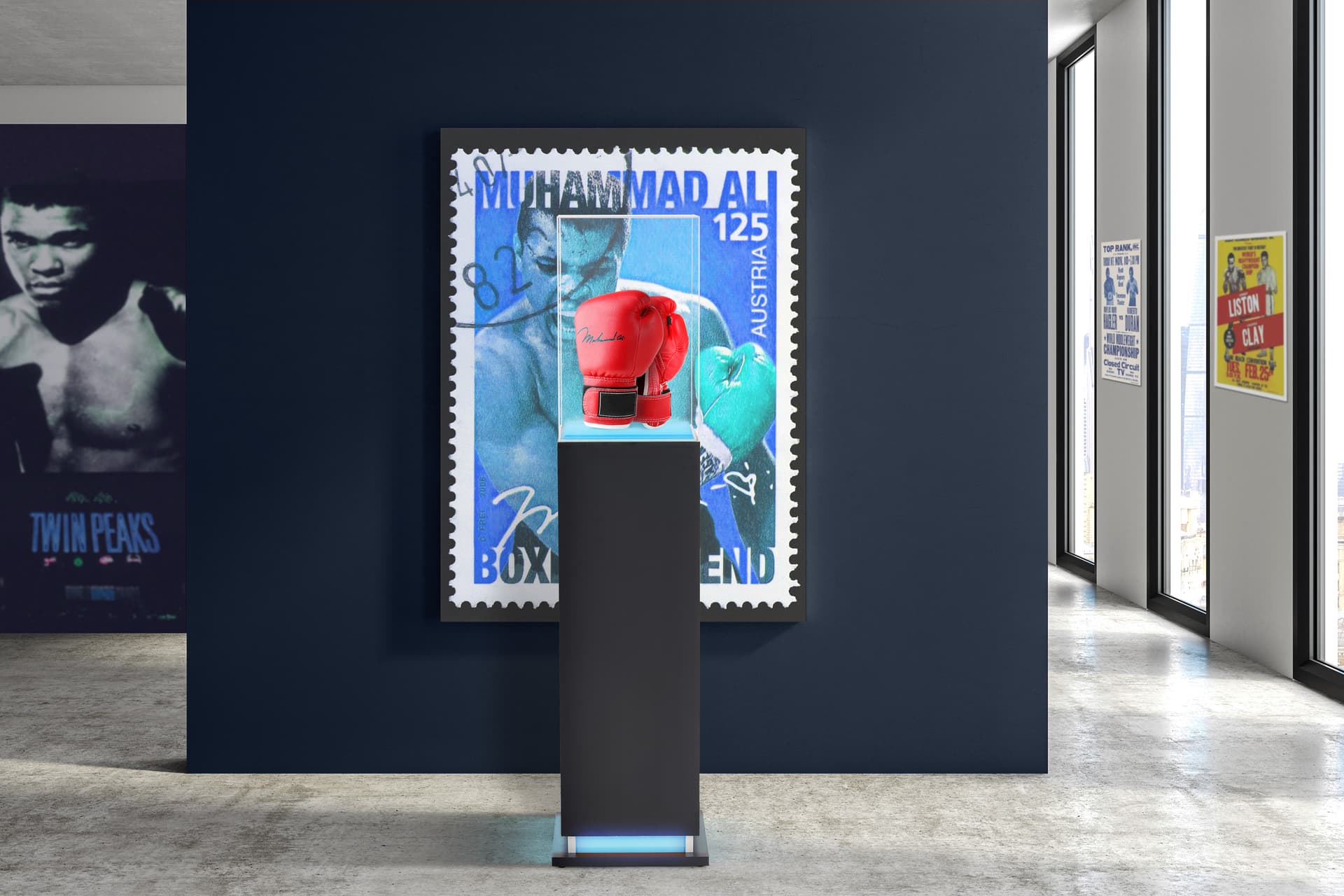 Pedestal display case with acrylic cover with boxing gloves displayed at an exhibit 