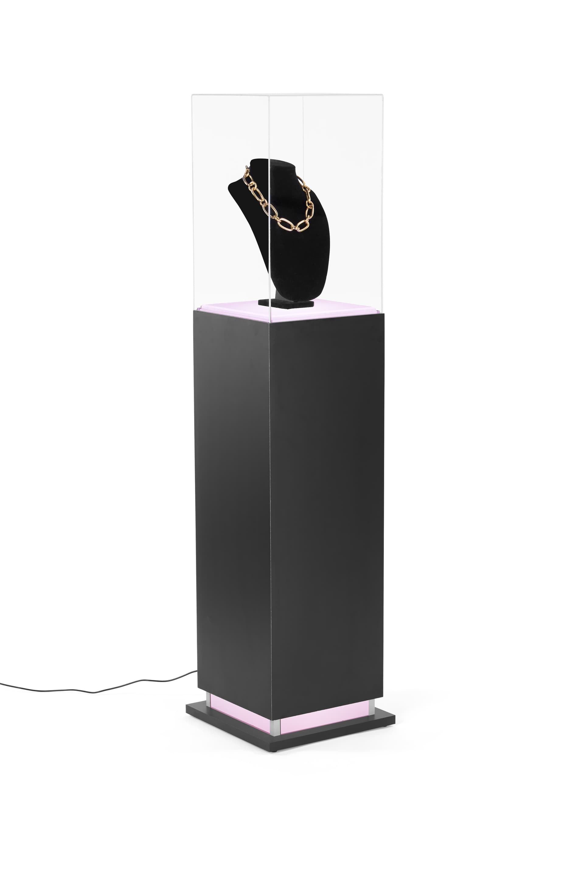 Pedestal display case with acrylic cover in matte black finish