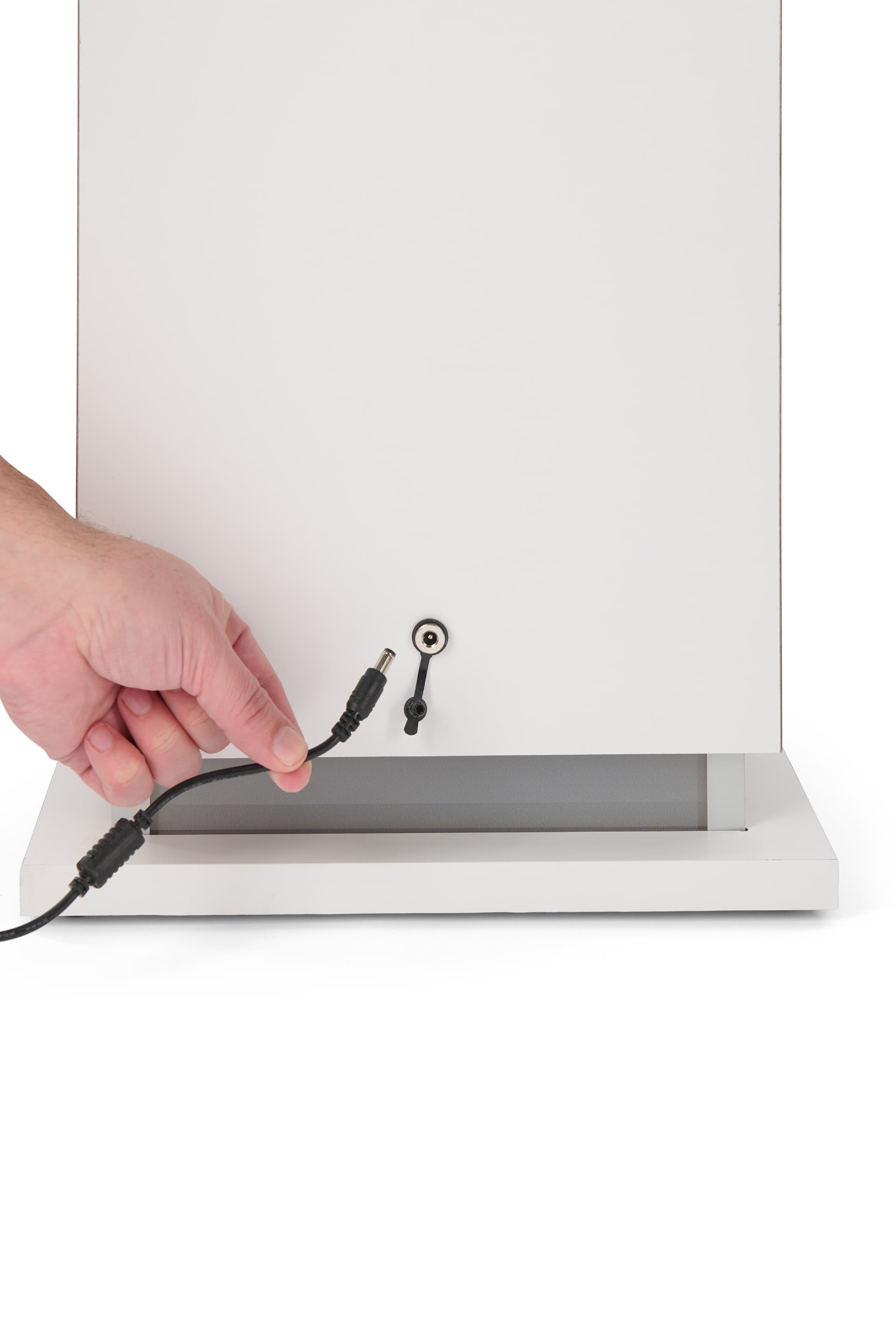 Pedestal display case with acrylic cover with rear plug