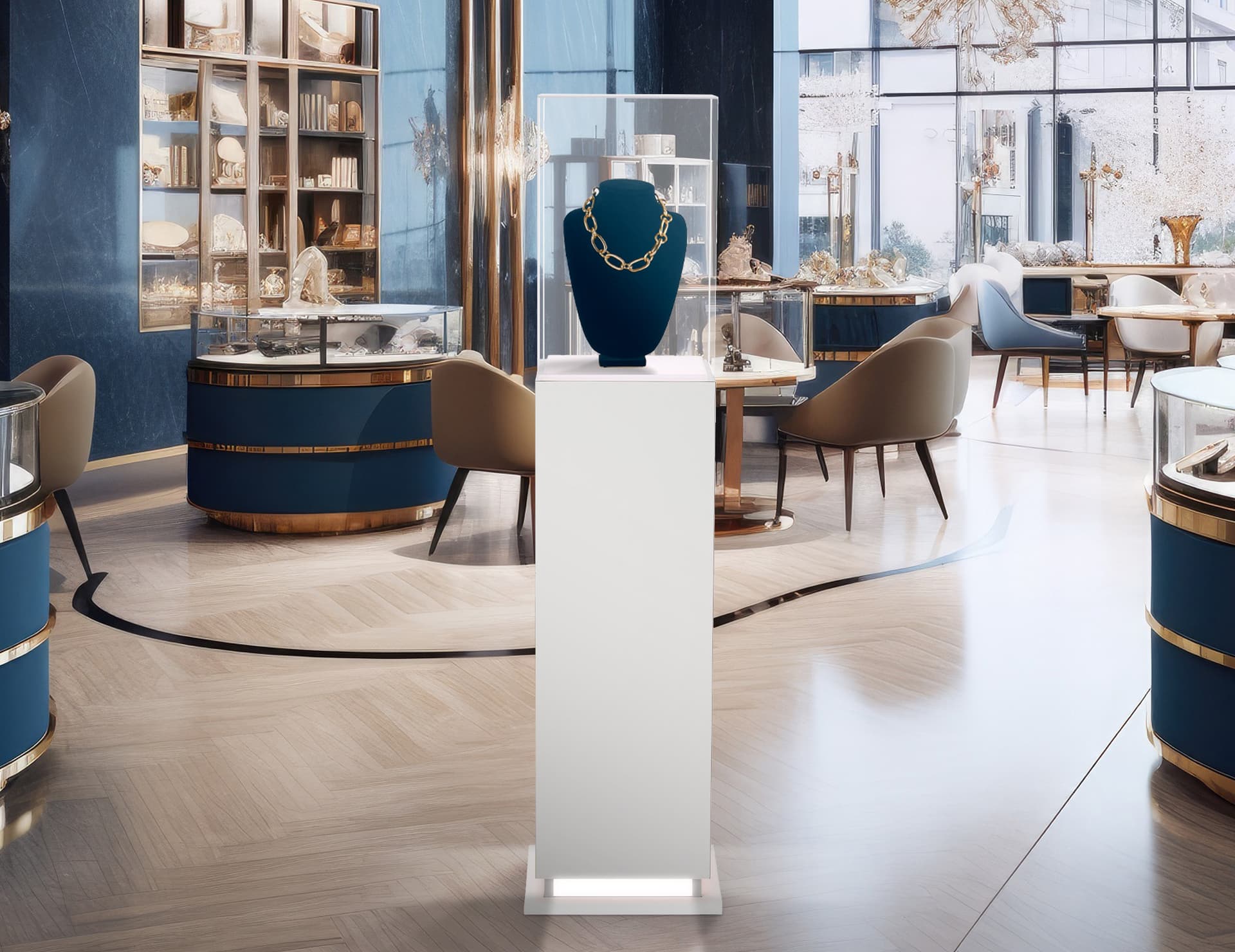 Pedestal display case with acrylic cover in retail store