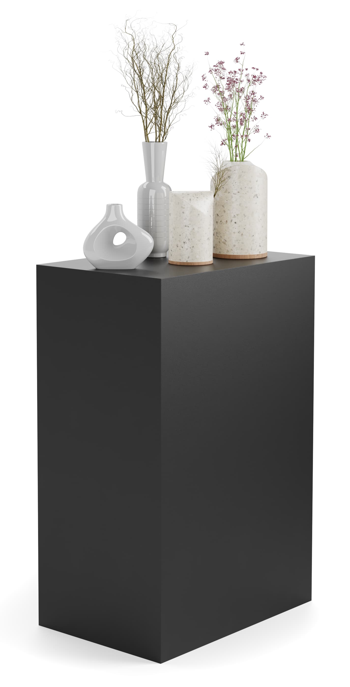 Retail display pedestal showcasing vases and home decor on top