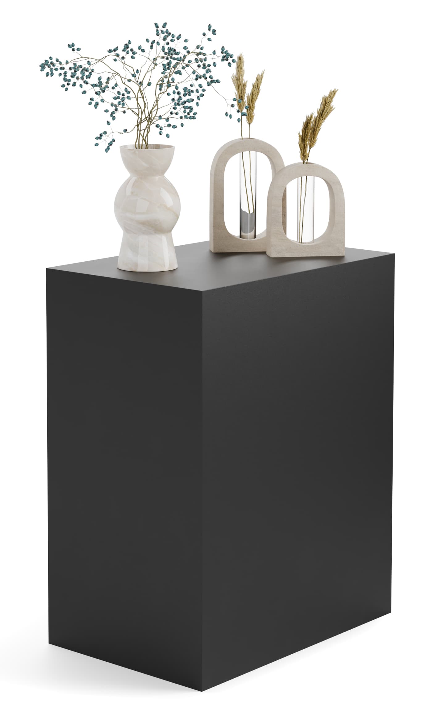 Retail display pedestal showcasing vases and home decor on top