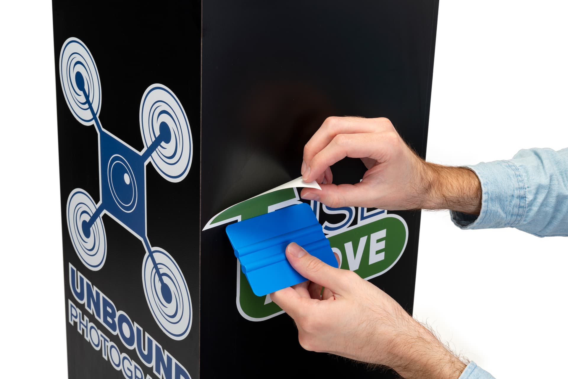Custom acrylic display pedestal with adhesive vinyl graphics