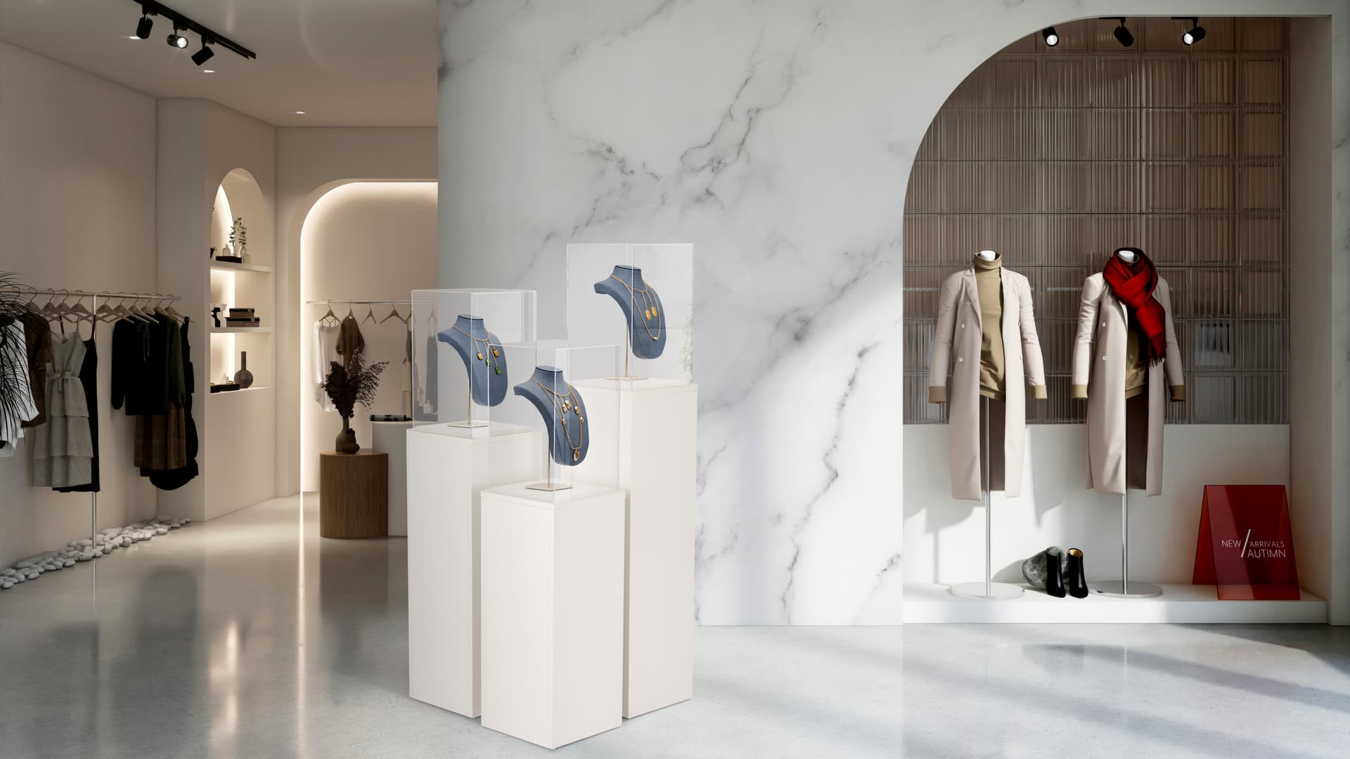 White display pedestal showcasing jewelry in a retail setting