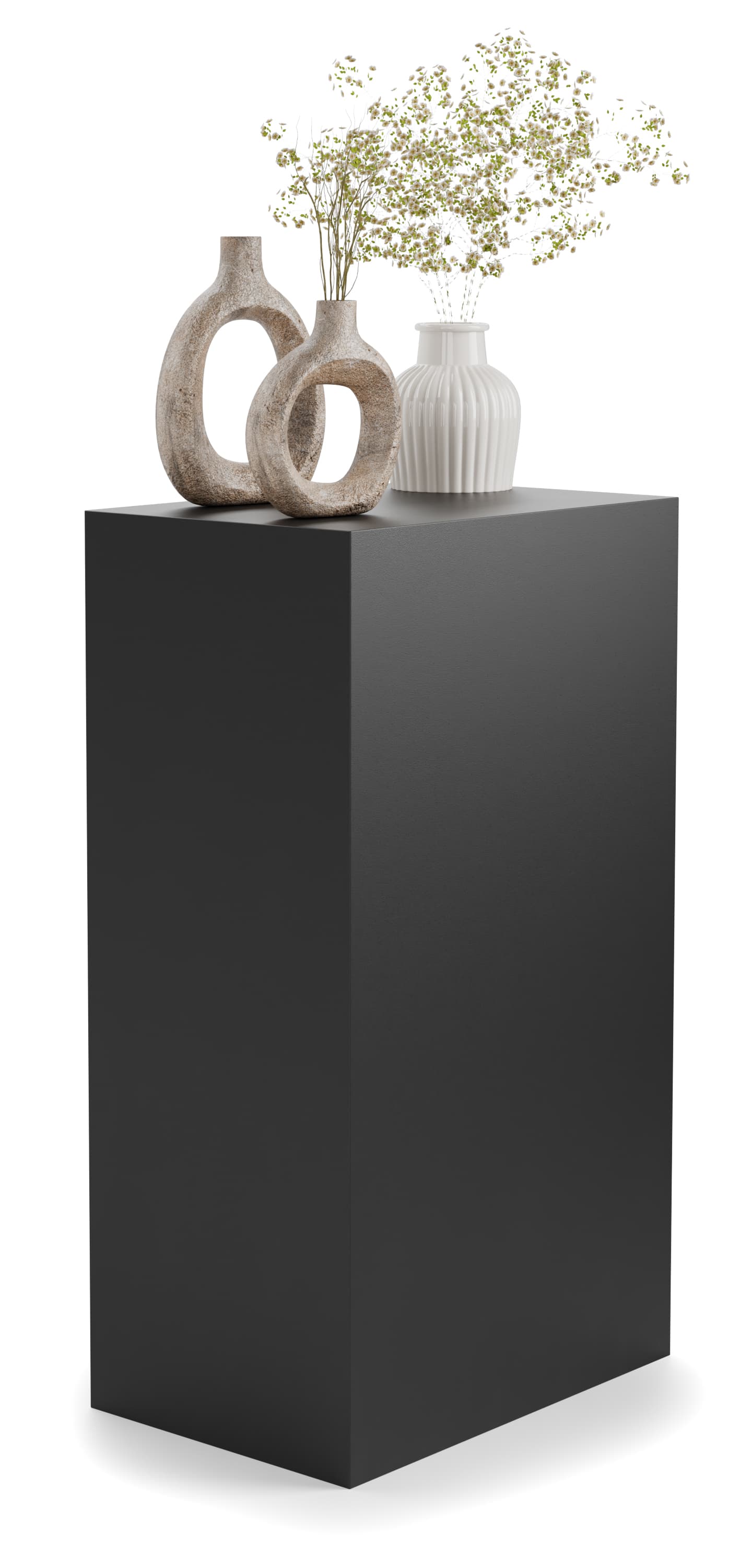 Retail display pedestal showcasing vases and home decor on top