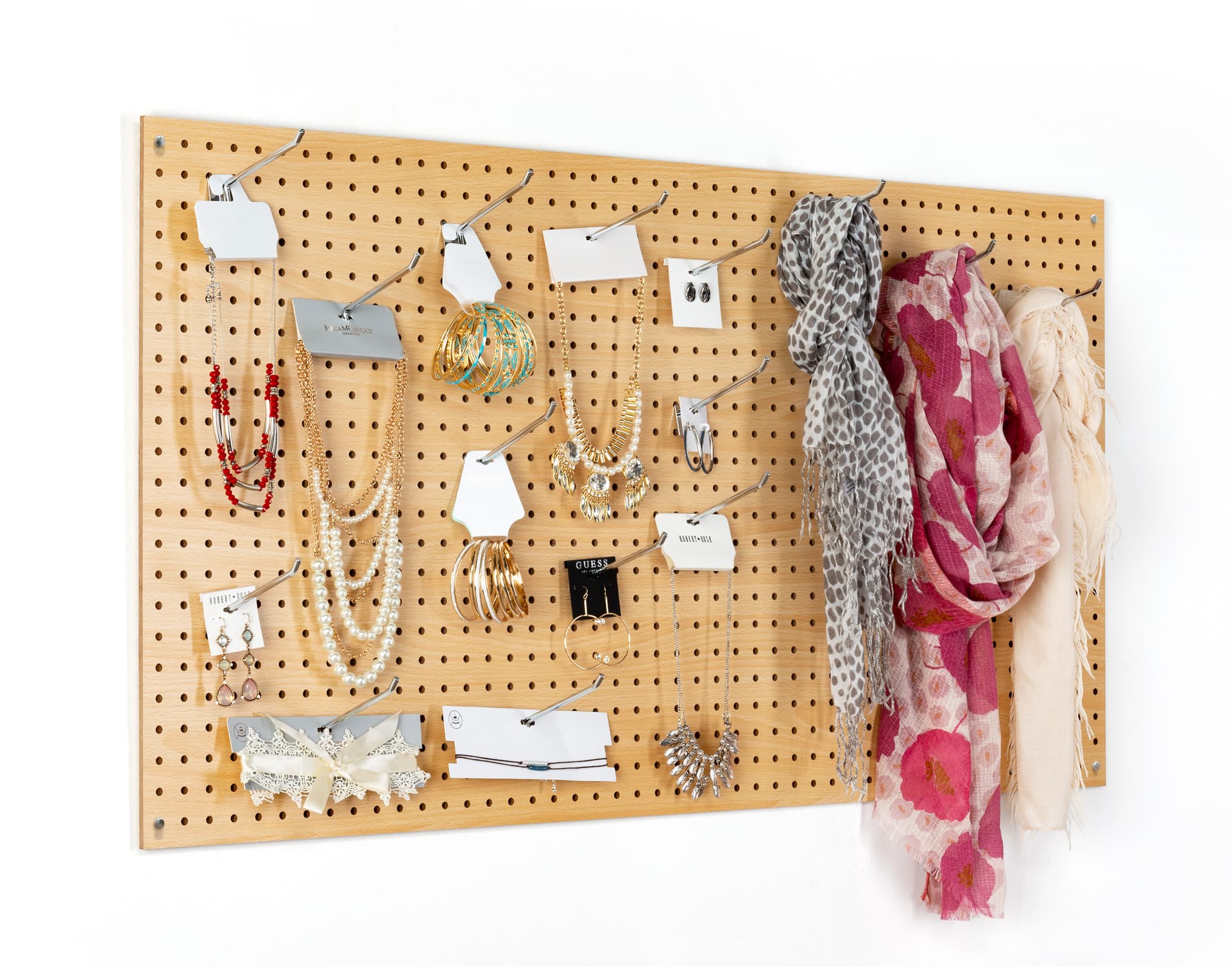 MDF pegboard retail display with natural finish