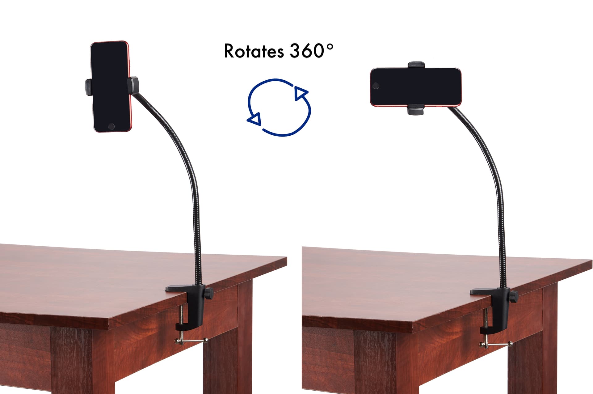 Universal gooseneck phone stand with 360 degree rotating design
