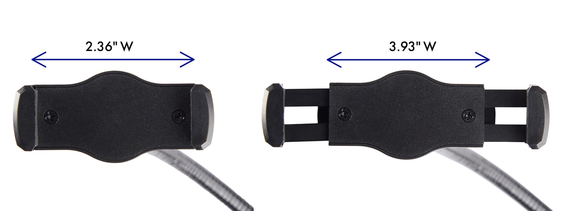 Universal gooseneck phone stand compatible with phones between 2.3 and 3.93 inches wide