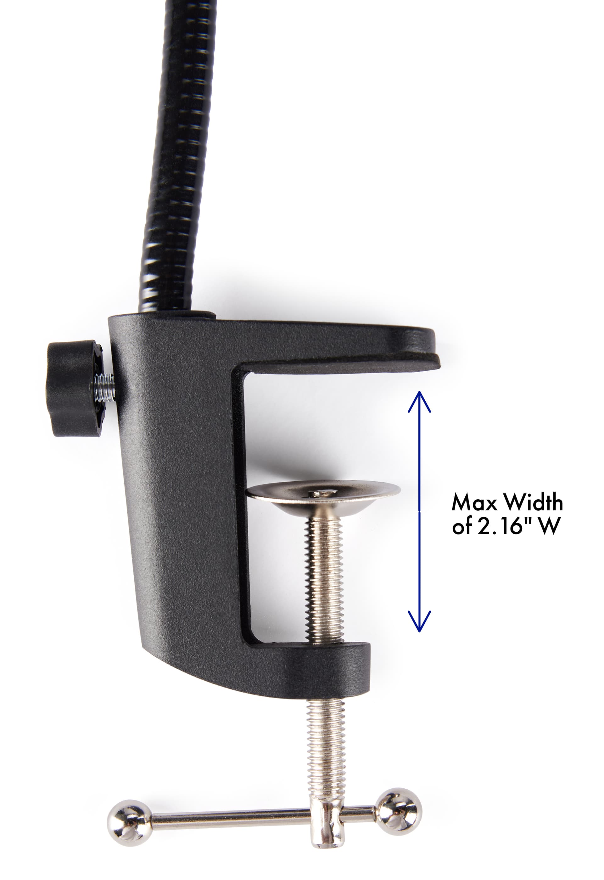 Universal gooseneck phone stand compatible with surfaces up to 2.16 inches thick