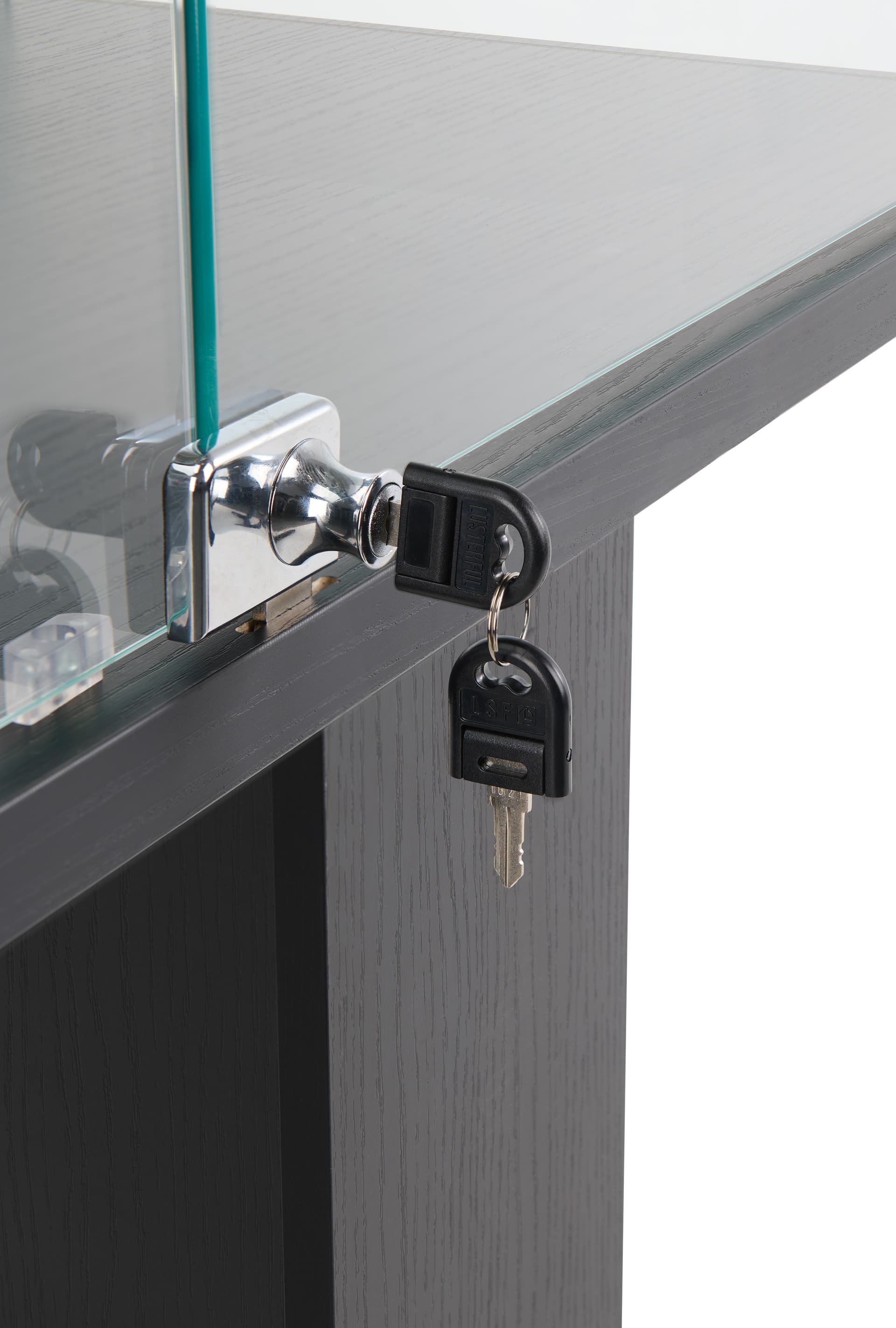 Glass pedestal showcase with lock and two keys