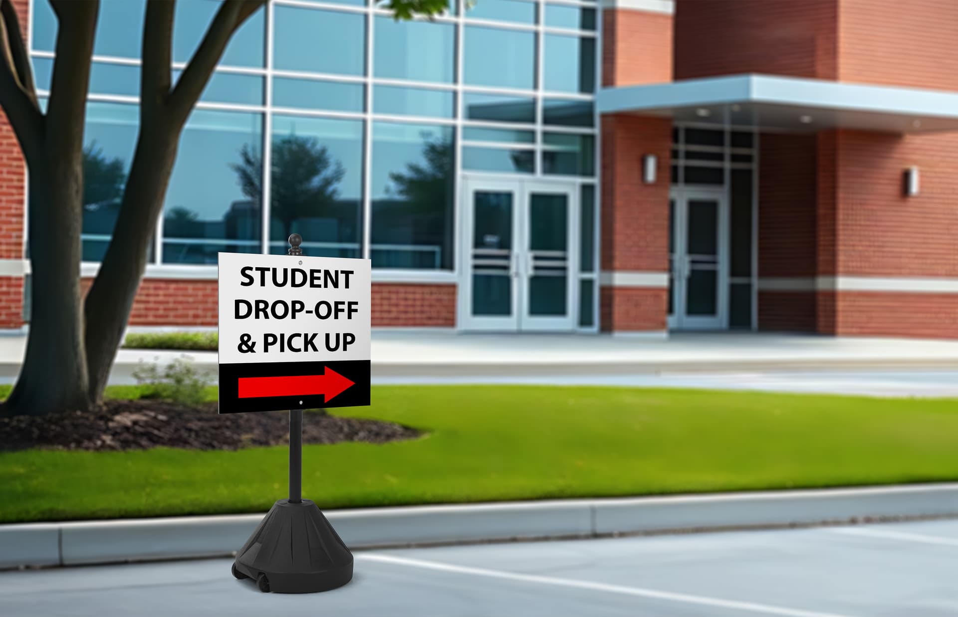 48" parking lot sign base shown with sign, posted outside of a school building