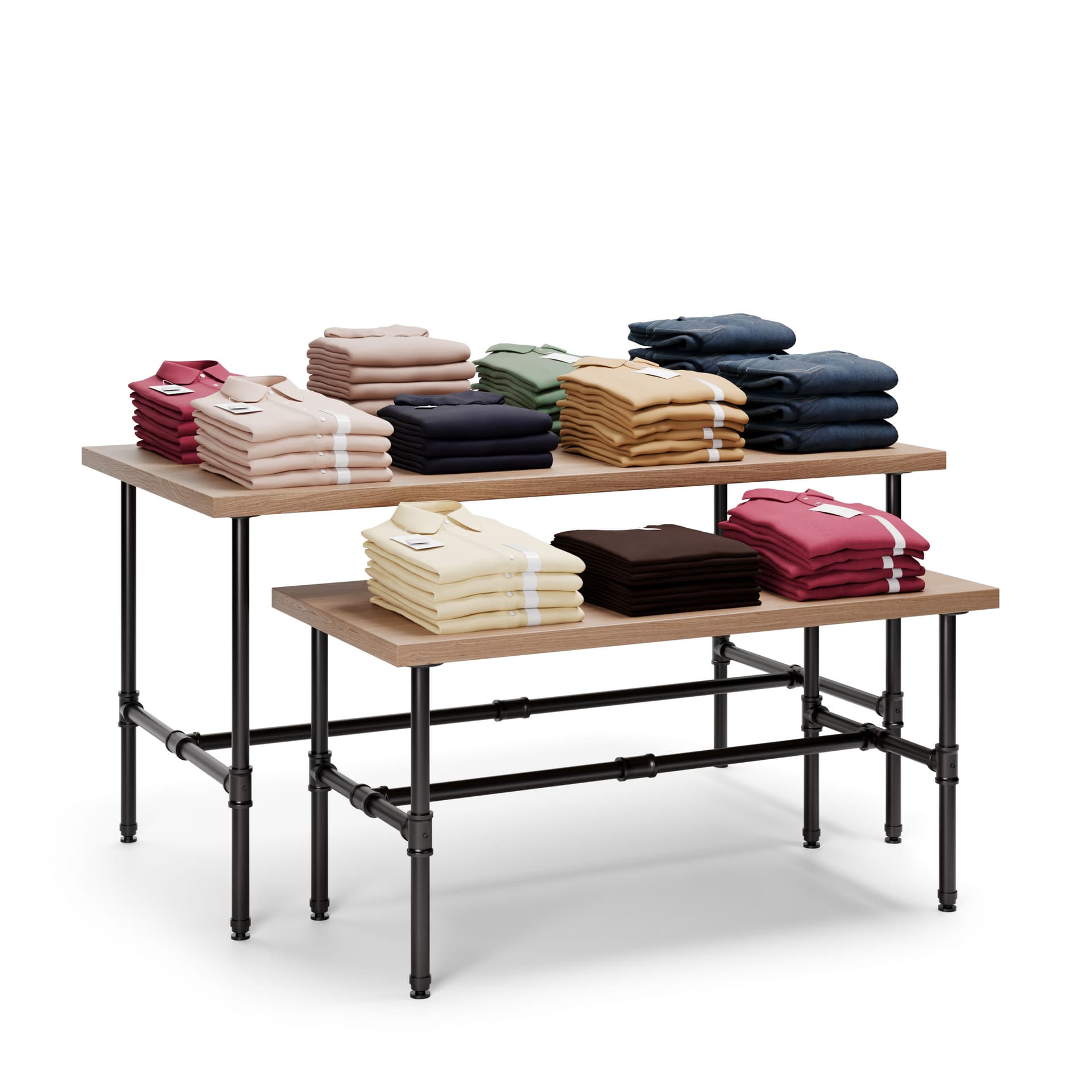 Nesting retail tables with folded garments