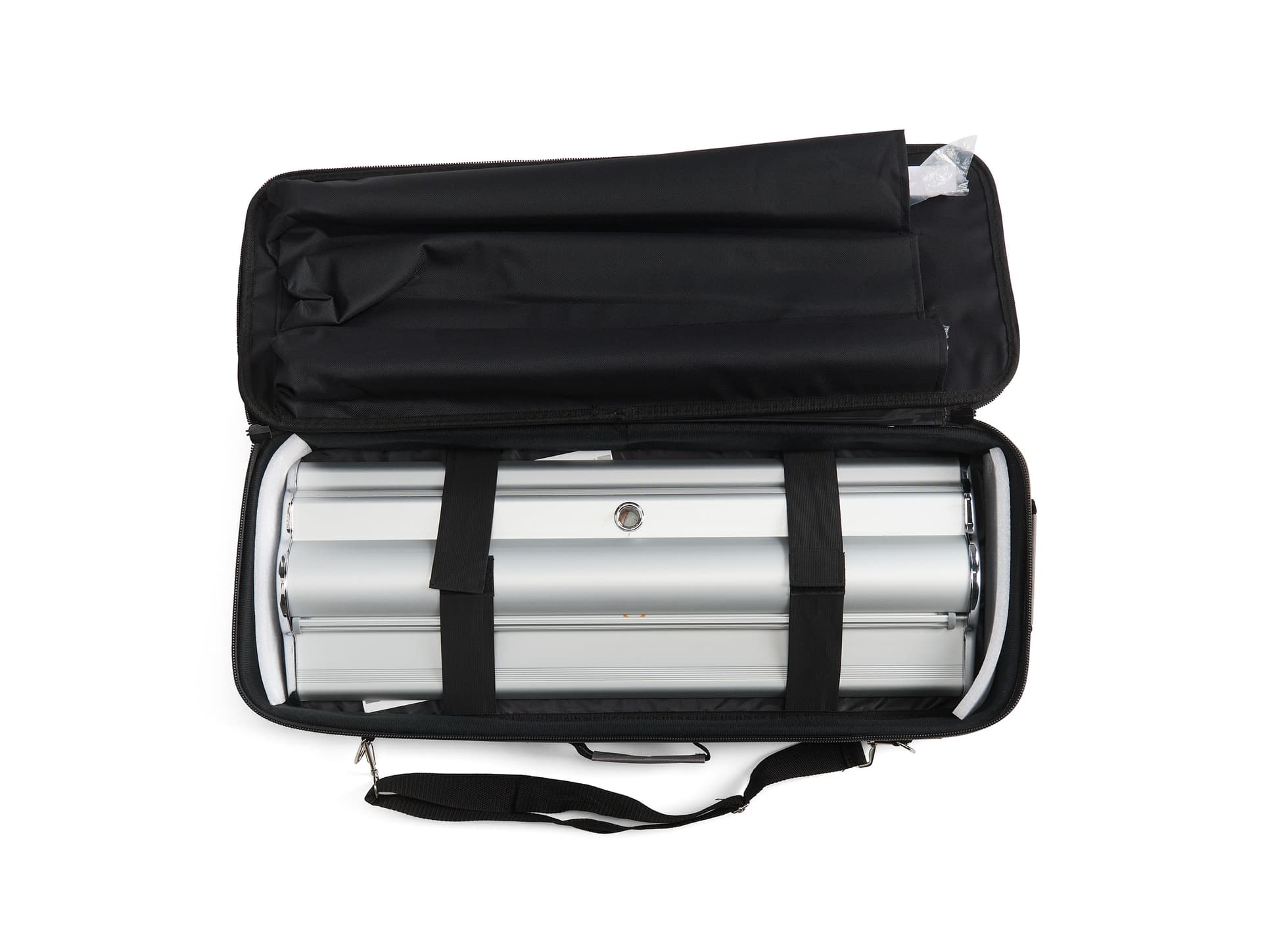 Paramount retractable banner stand hardware with crossbody carry case