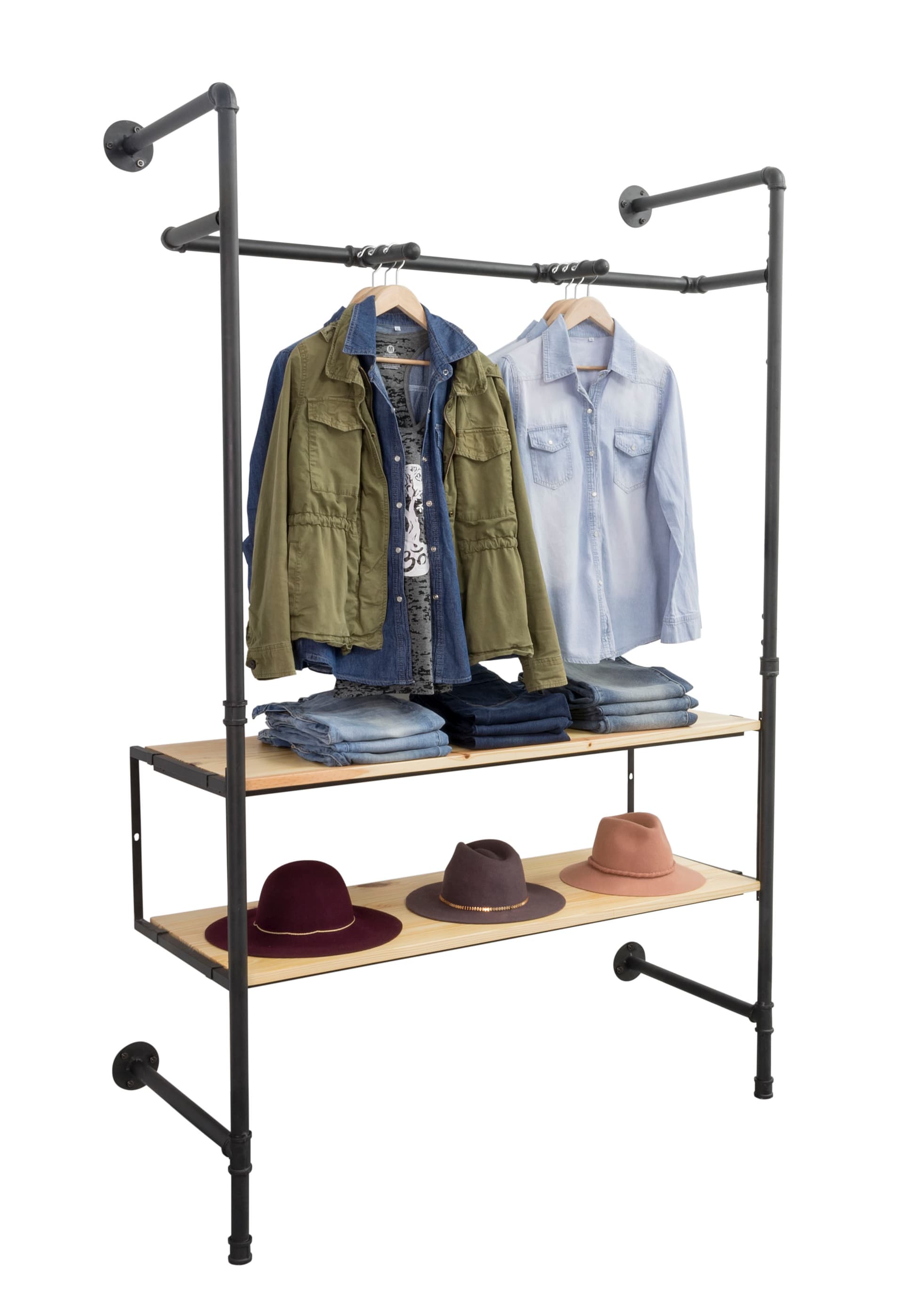 Pipe Outrigger Wall Display Showcasing Clothes and Hats