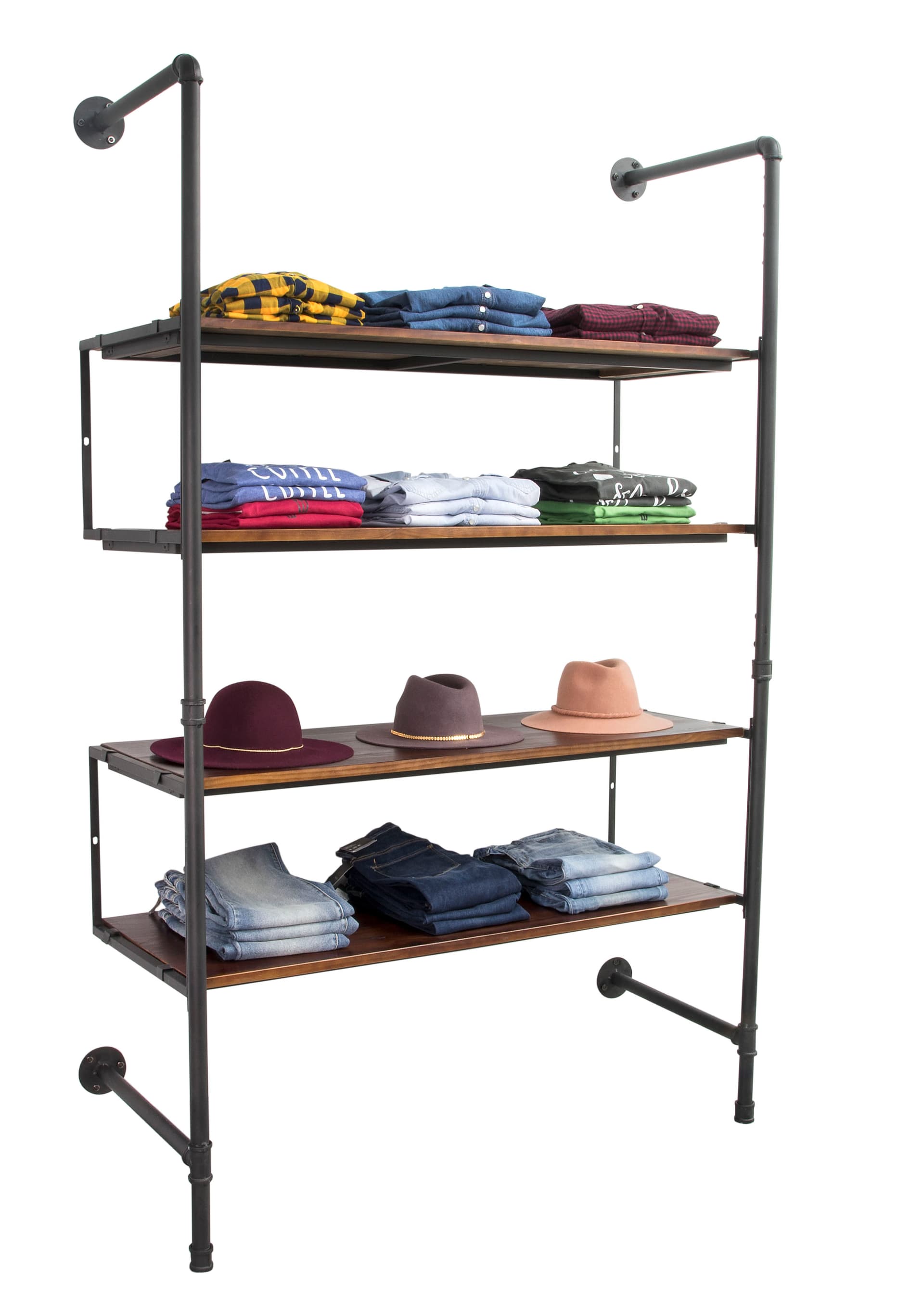 Industrial Retail Wall Shelves Showcasing Clothing and Hats