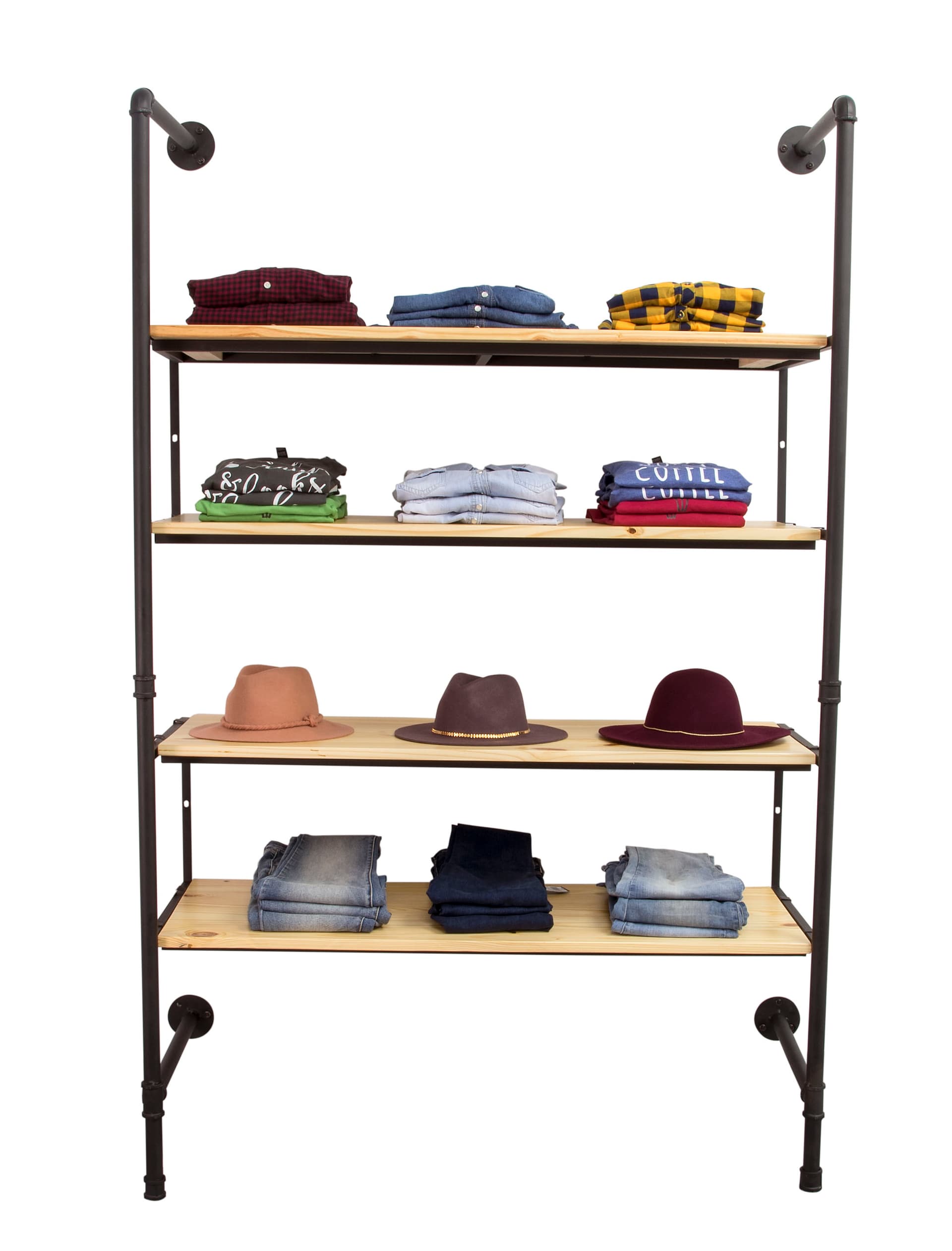 Industrial Pipe Shelving Wall Unit Displaying Folded Clothes
