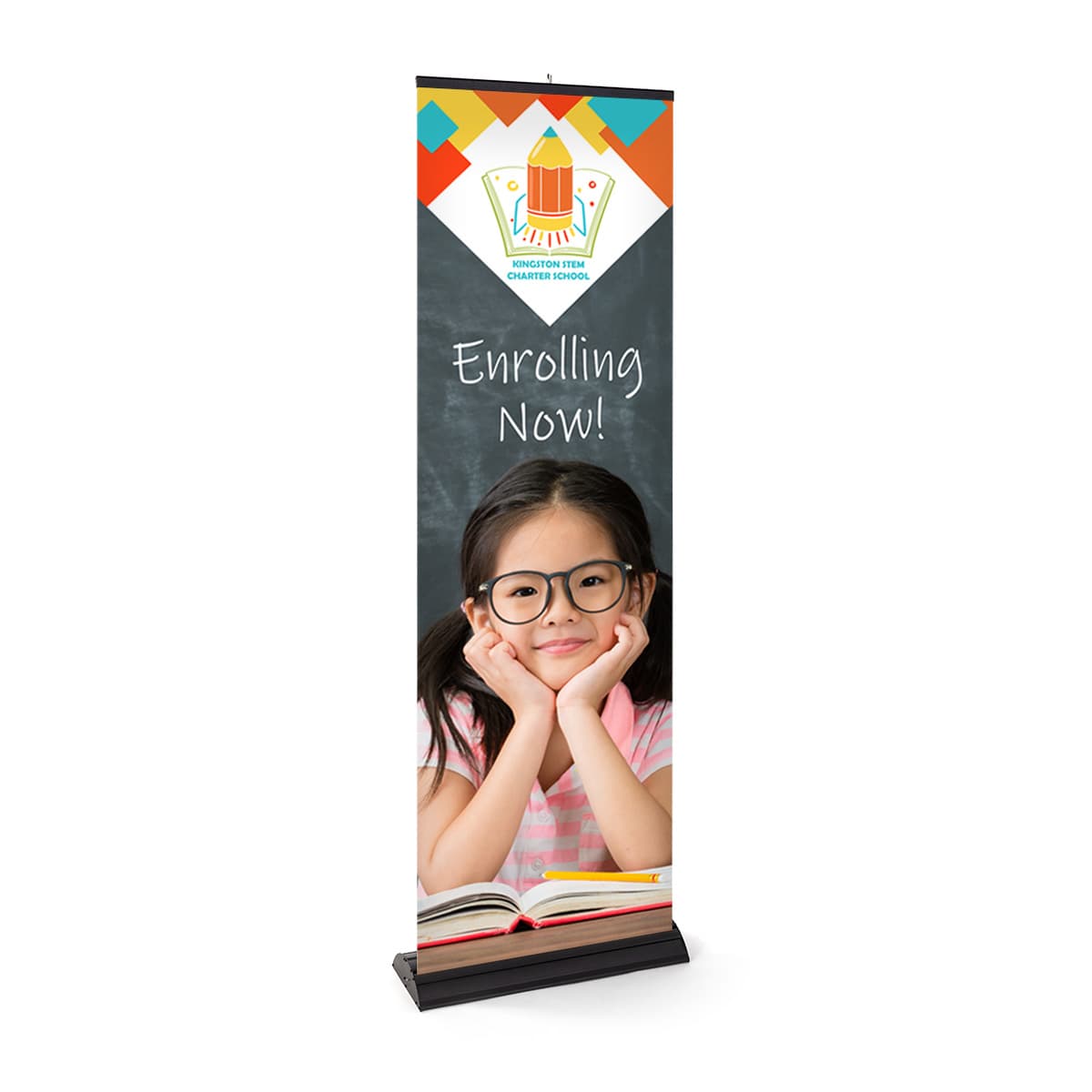 Premium wide base retractable banner stand for floorstanding placement