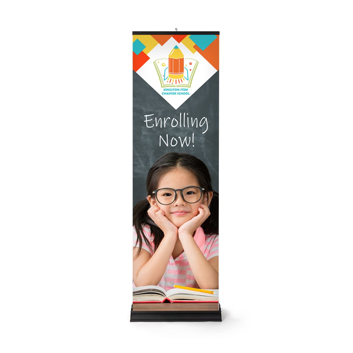 Premium wide base retractable banner stand with 24 inch frame