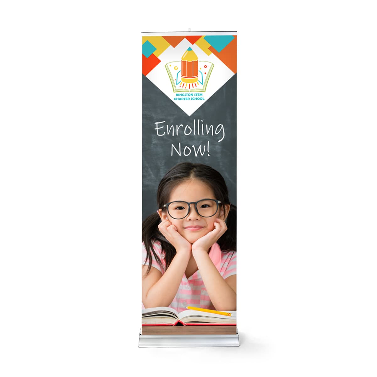 Premium wide base retractable banner stand with portable frame