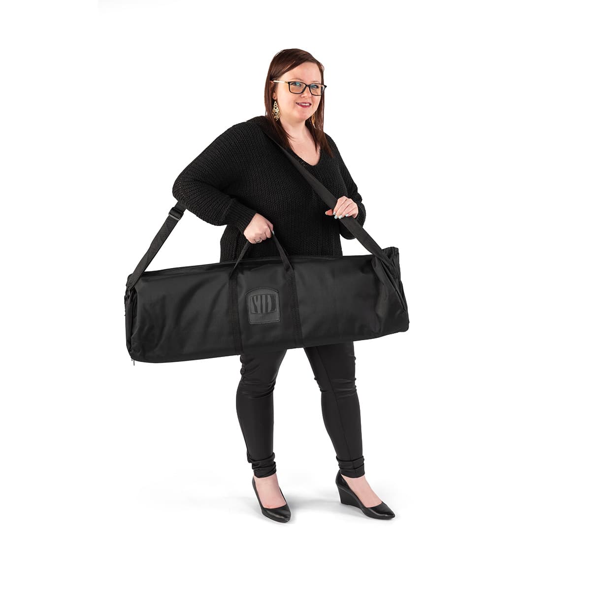 Premium wide base retractable banner stand with black carry bag