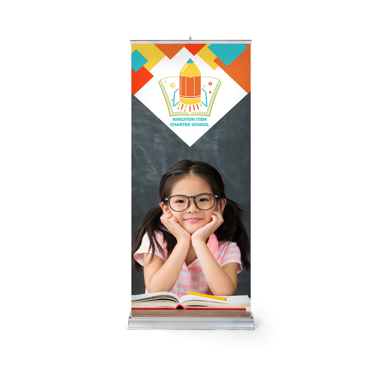 Premium wide base retractable banner stand with full color graphics 
