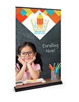 Premium wide base retractable banner stand measures 47 inches wide