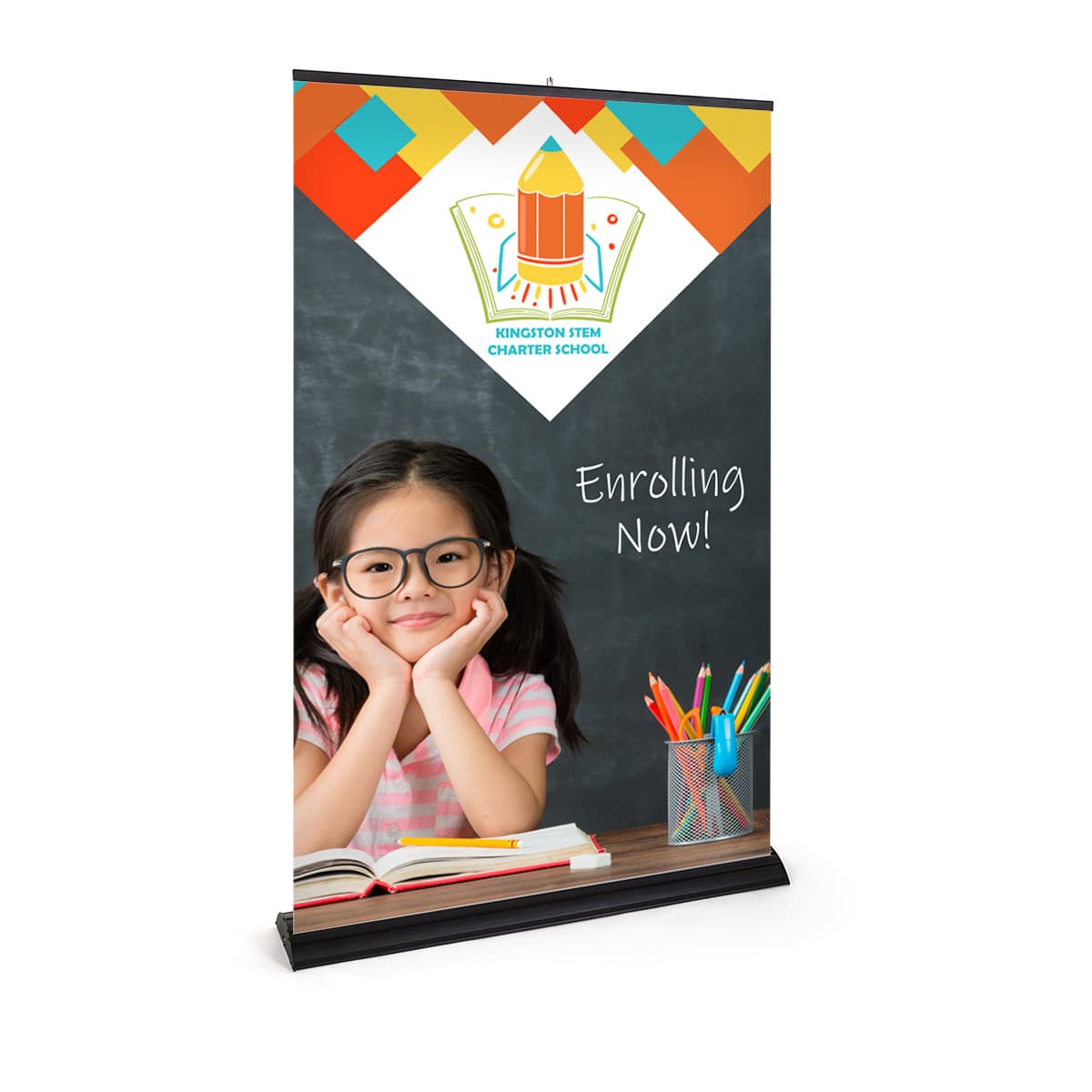 Premium wide base retractable banner stand for floor standing placement