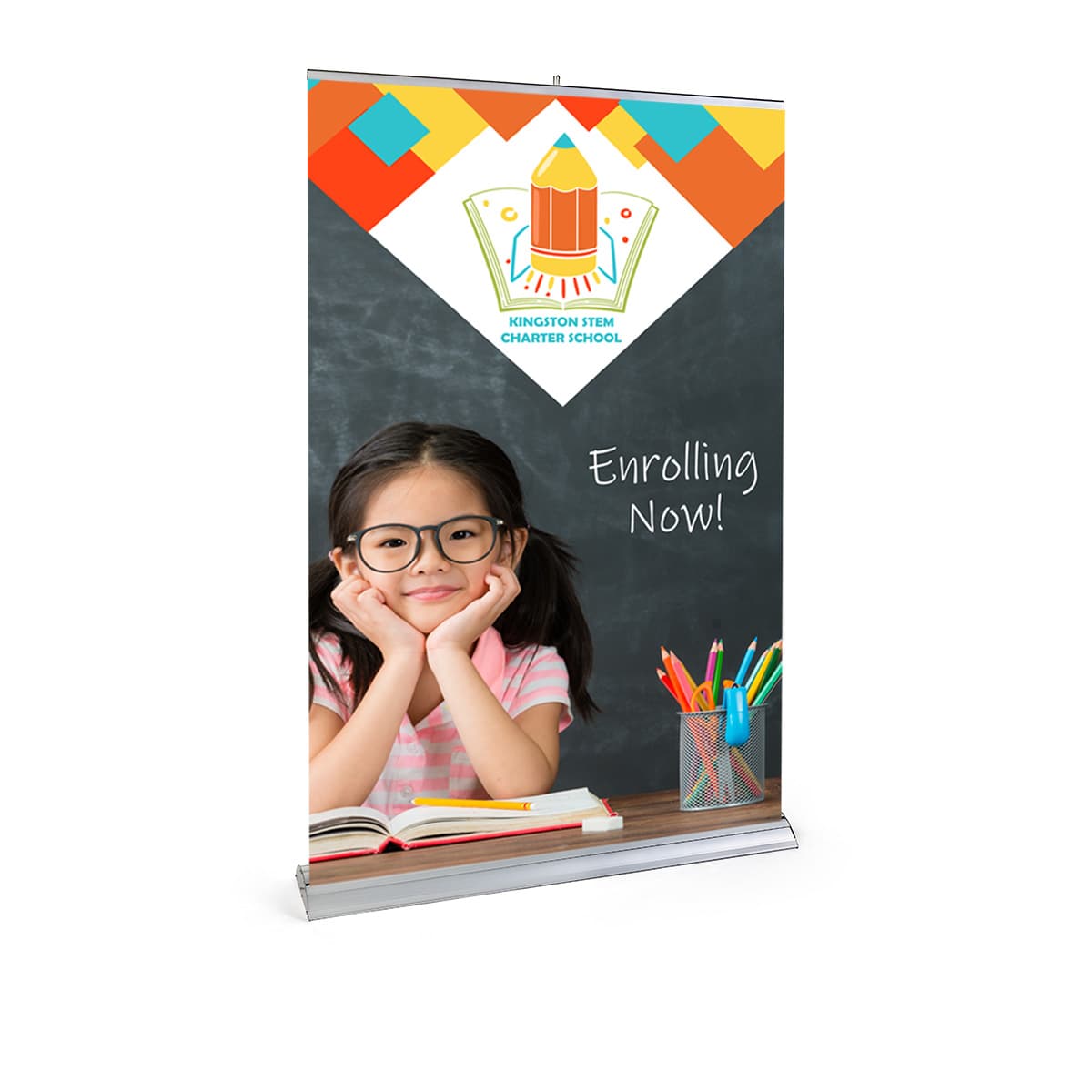 Premium wide base retractable banner stand with full color artwork