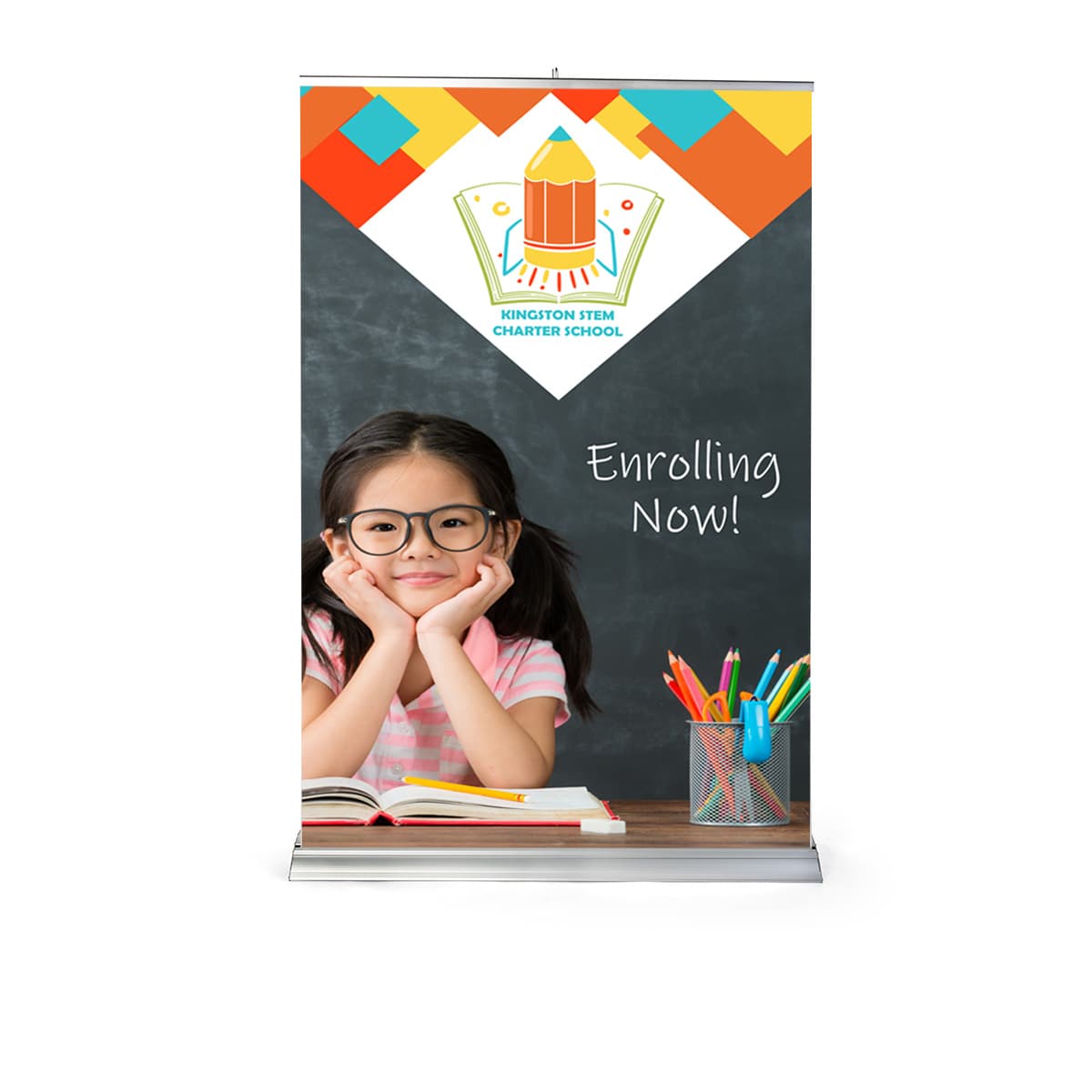 Premium wide base retractable banner stand measures 80 feet tall