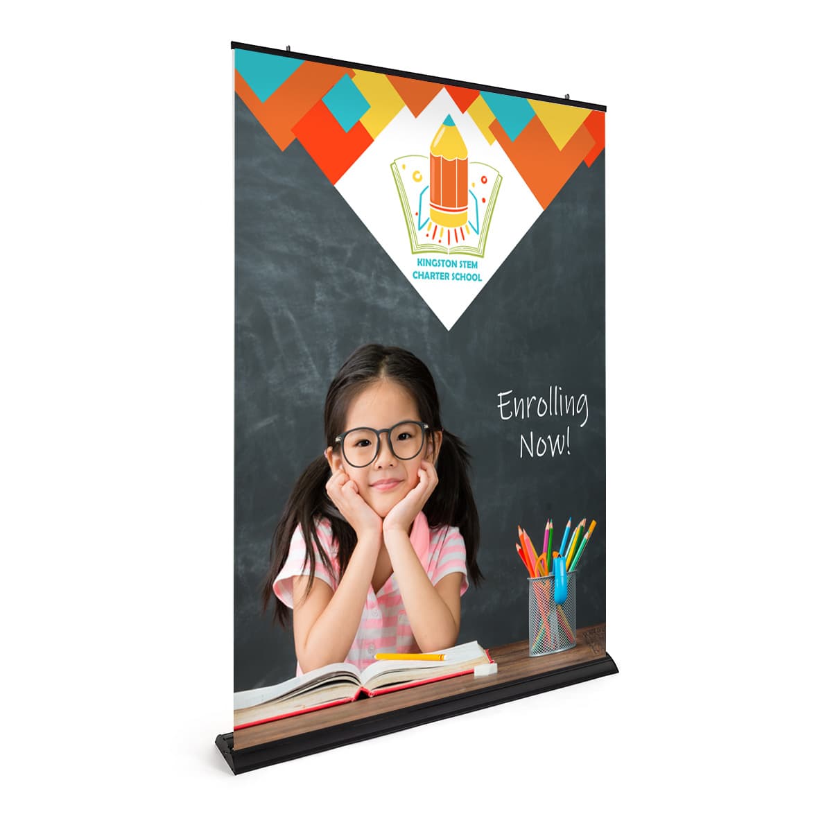 Premium wide base retractable banner stand with full color graphics