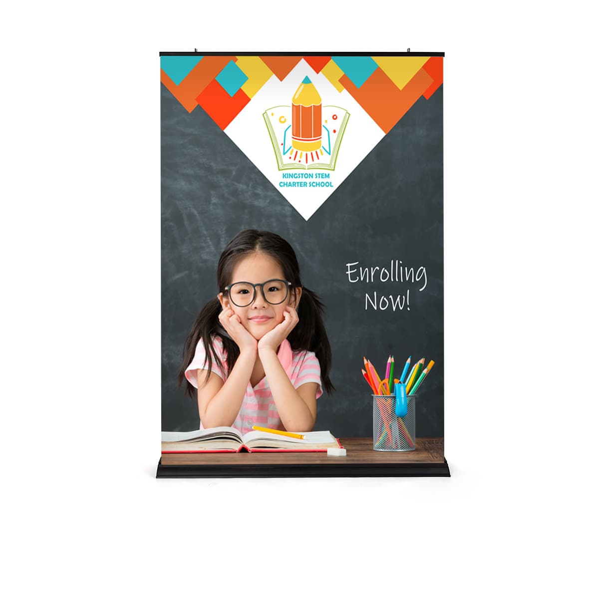 Premium wide base retractable banner stand with custom artwork