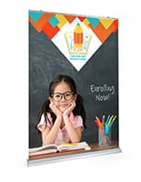 Premium wide base retractable banner stand with stay-flat vinyl panel