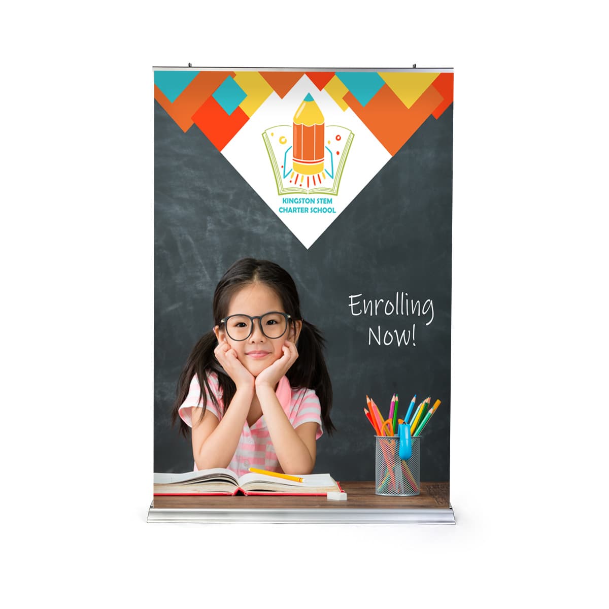 Premium wide base retractable banner stand with silver frame