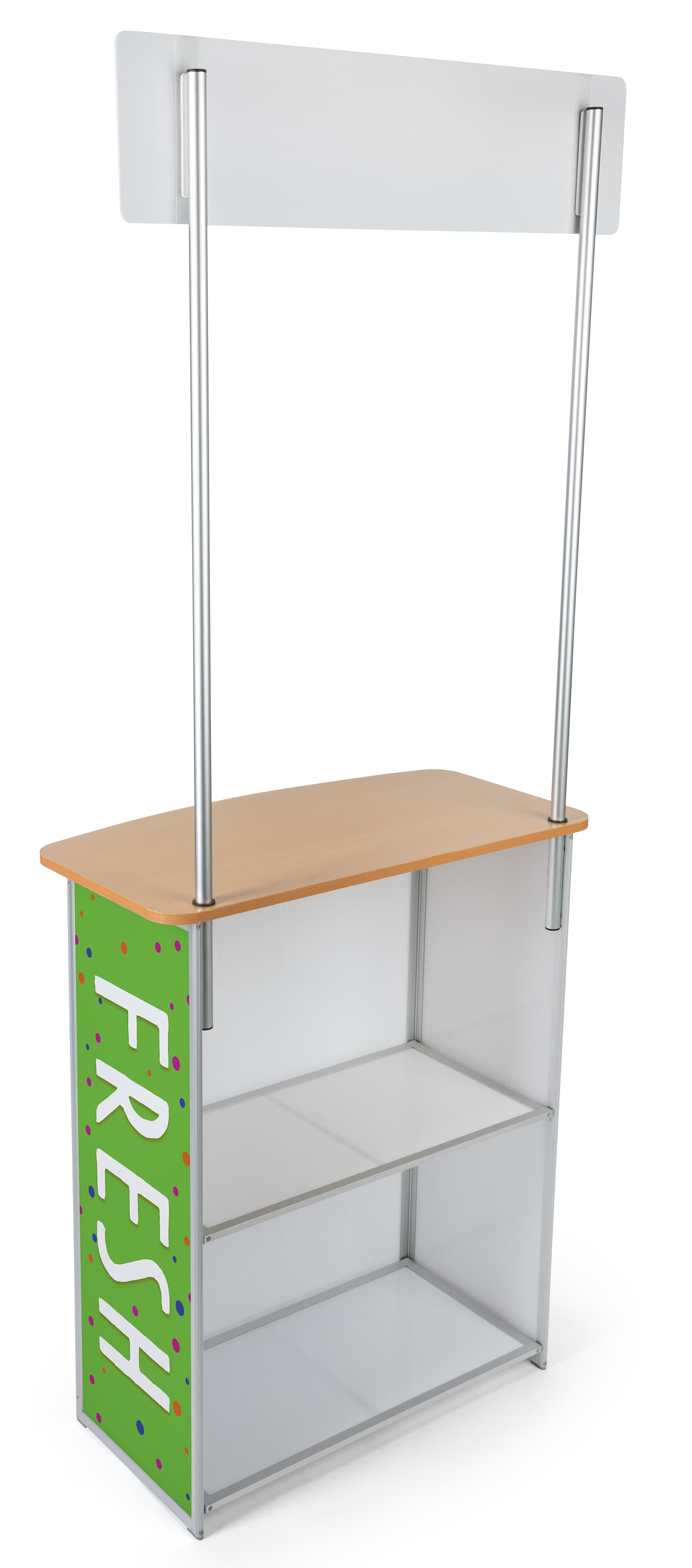 Mobile demo display counter with storage shelving