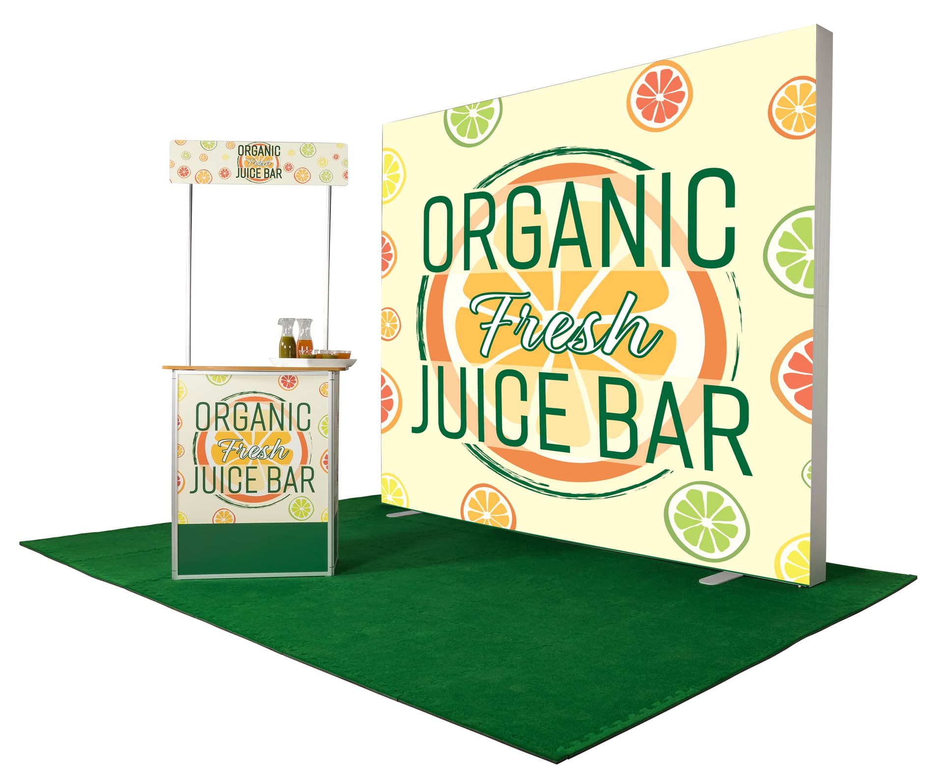 Mobile demo display counter shown with matching branded backdrop