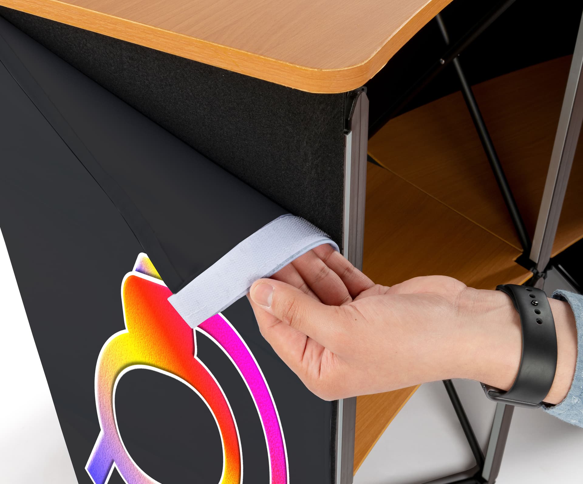 69 w x 37 h custom fabric cover for CNTPUVL Series 43-inch counters installs easily thanks to the hook & loop fasteners