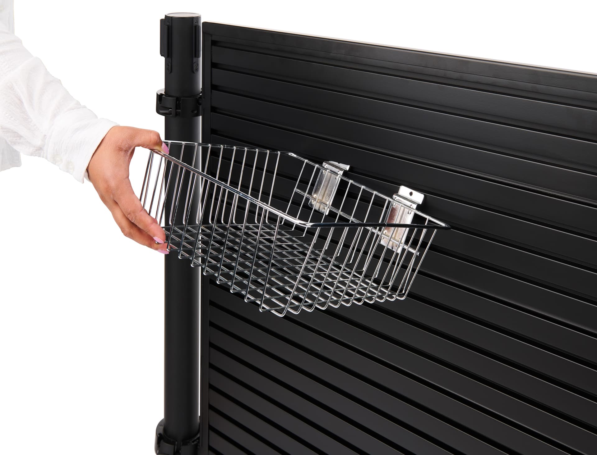 Slatwall basket with overall width of 12 inches
