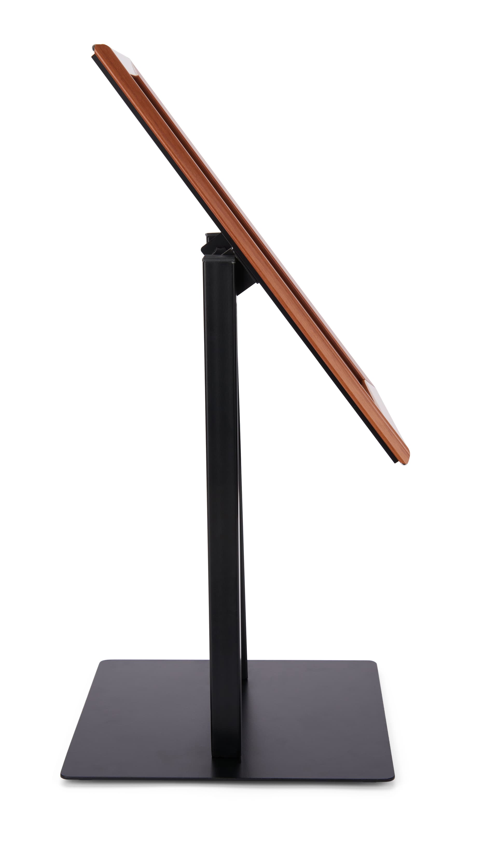 Snap frame has an adjustable angle provides a perfect viewing angle for restaurant menus and other directional signage, and graphic messages