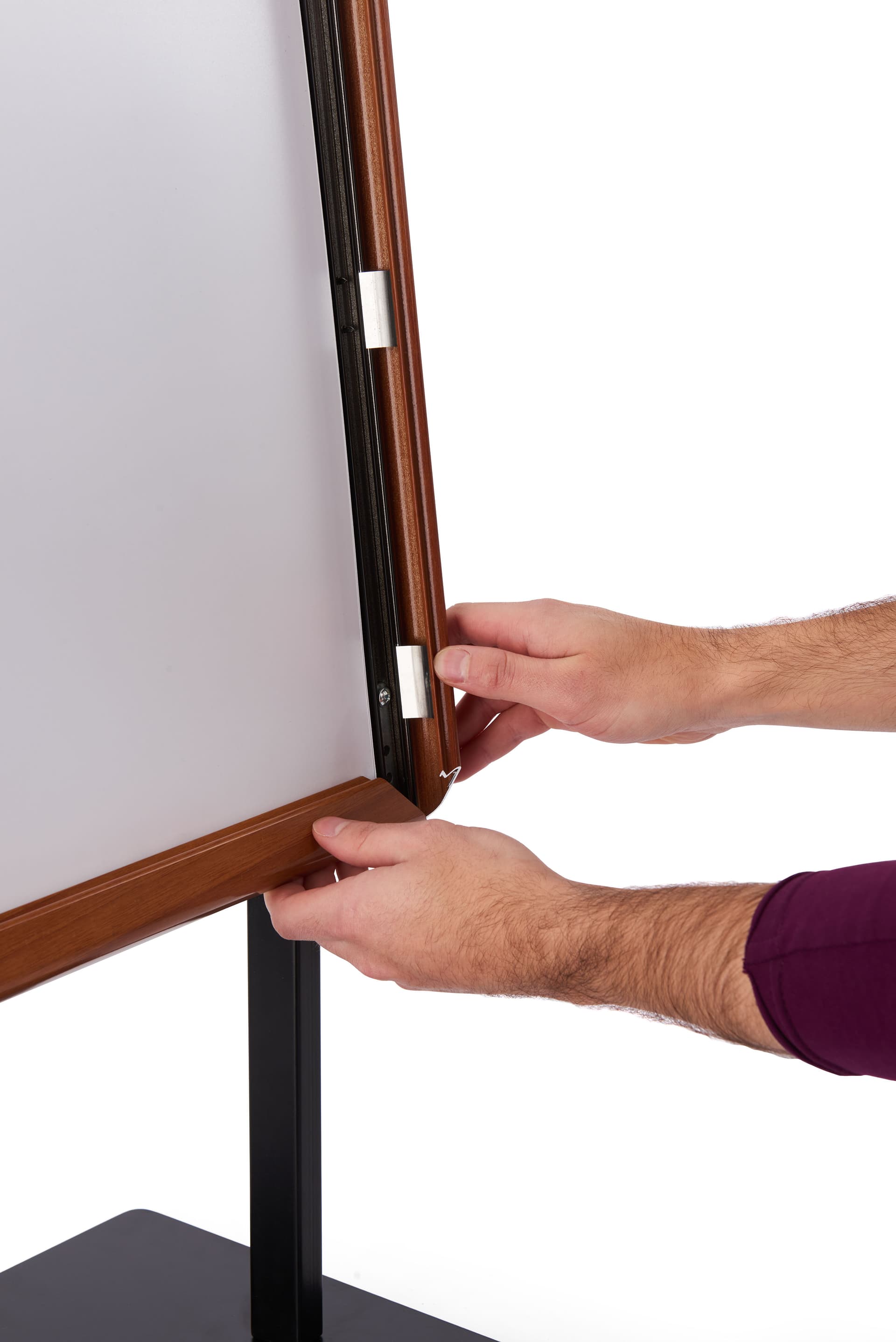 Snap Frame has mitered corners designed to click open for quick and easy insert changes. 