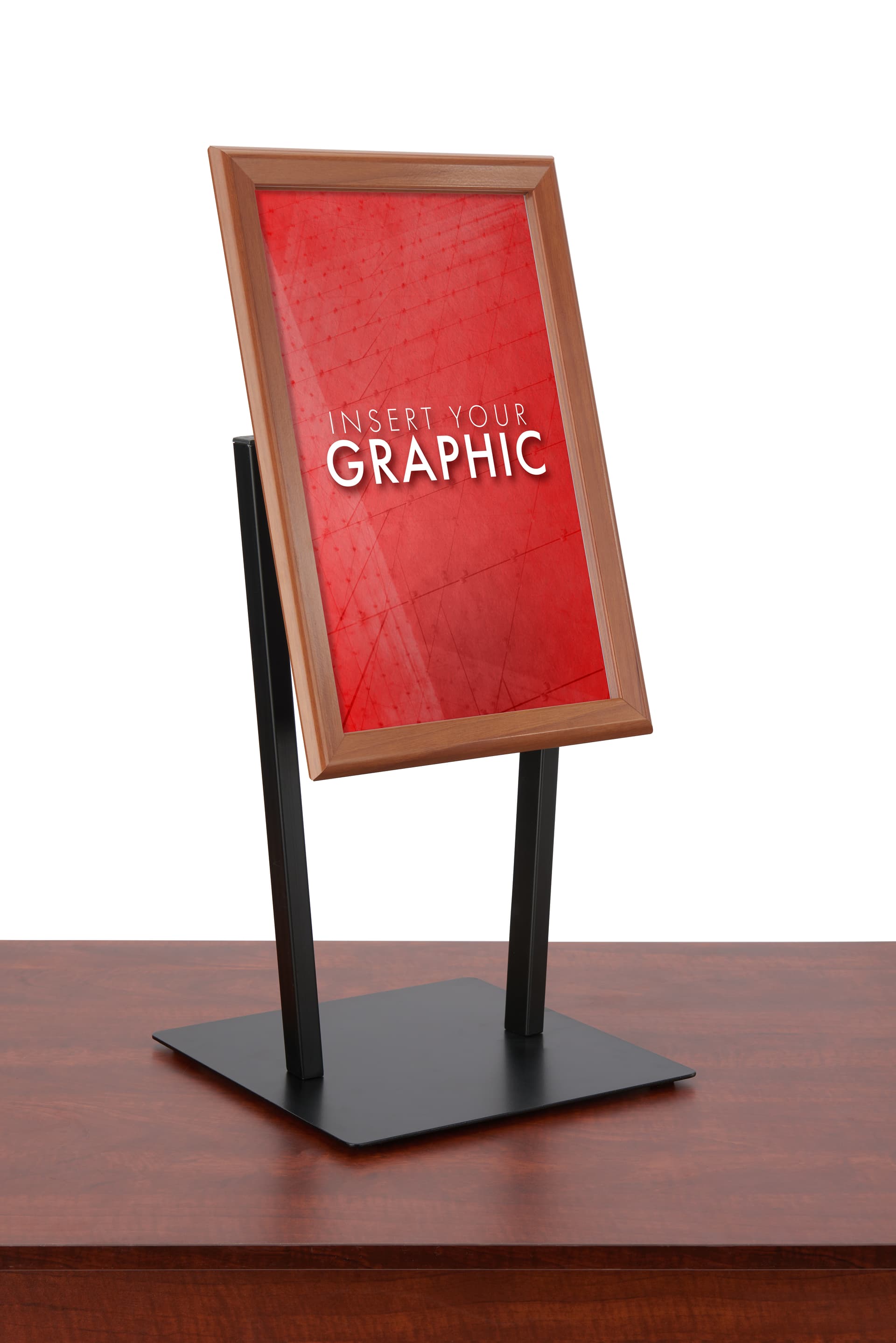 Snap frame stand with faux wood finish frame and modern black v-shaped base