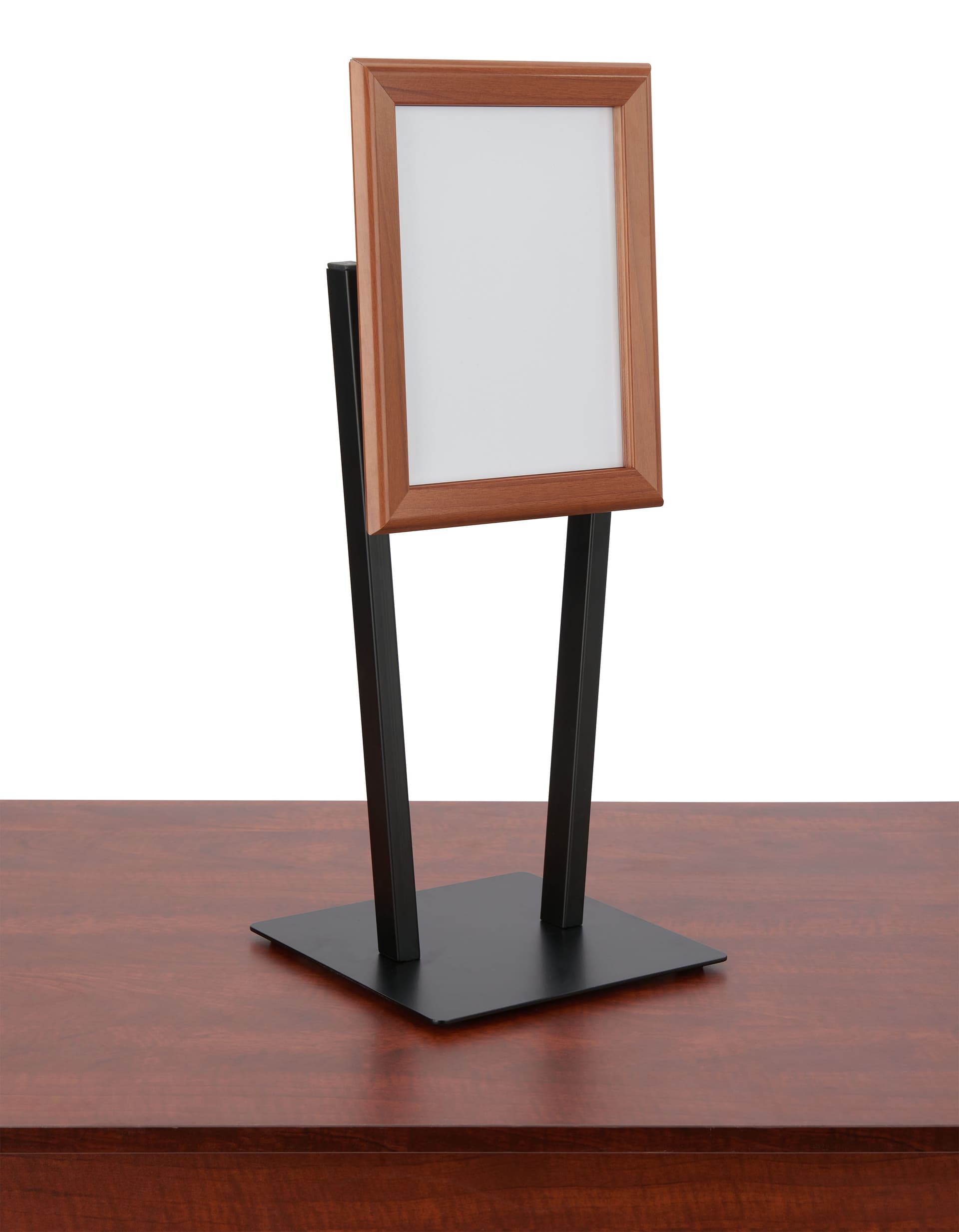 Striking countertop snap frame with black base and faux wood oak finish