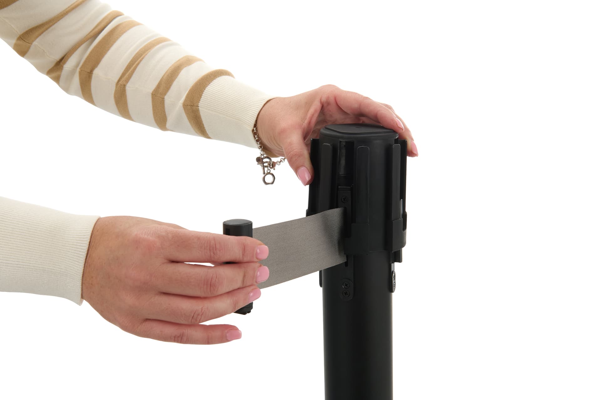 Double-sided retractable stanchion barrier with two pole adapters